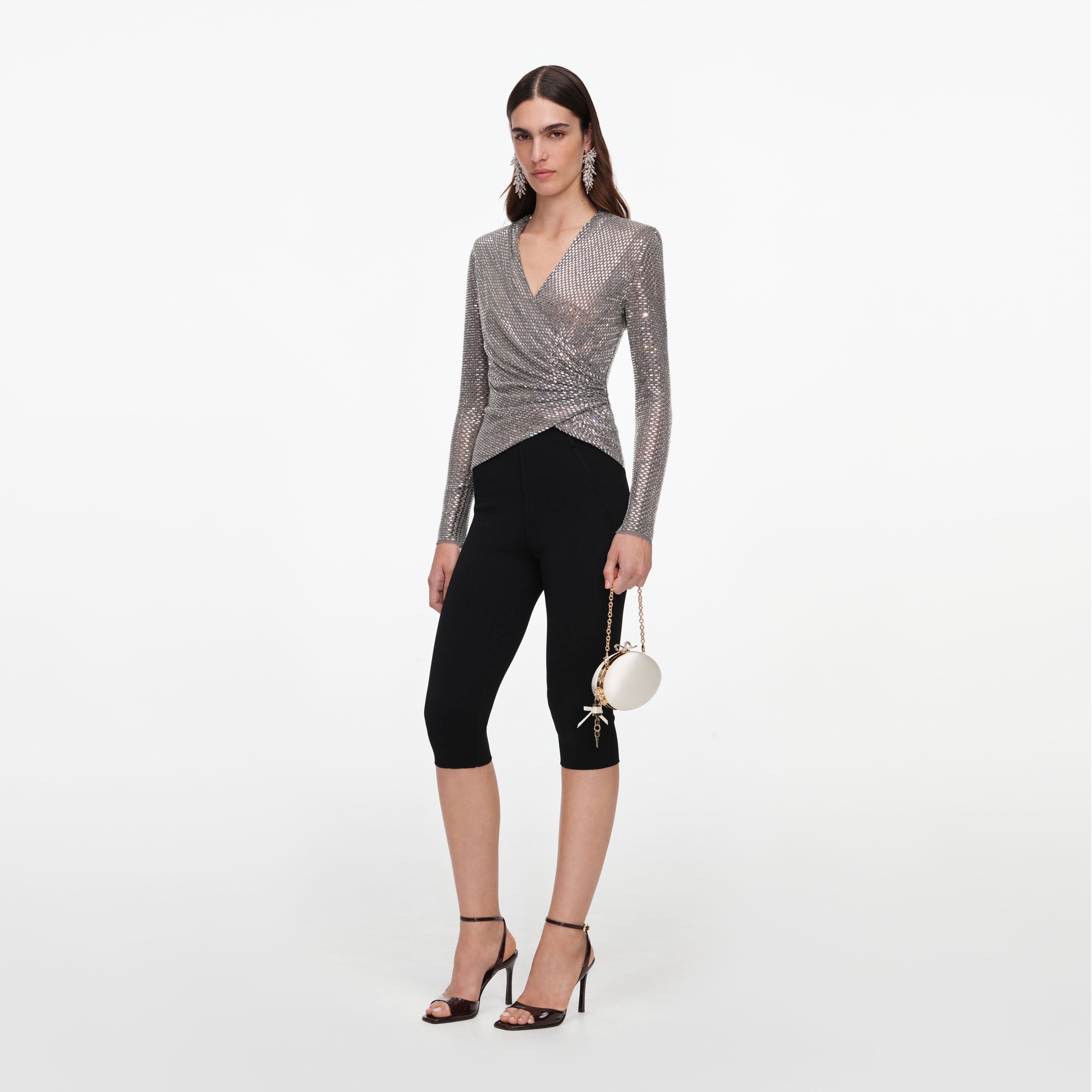 Self Portrait Grey Rhinestone Mesh Wrap Top grau Strass