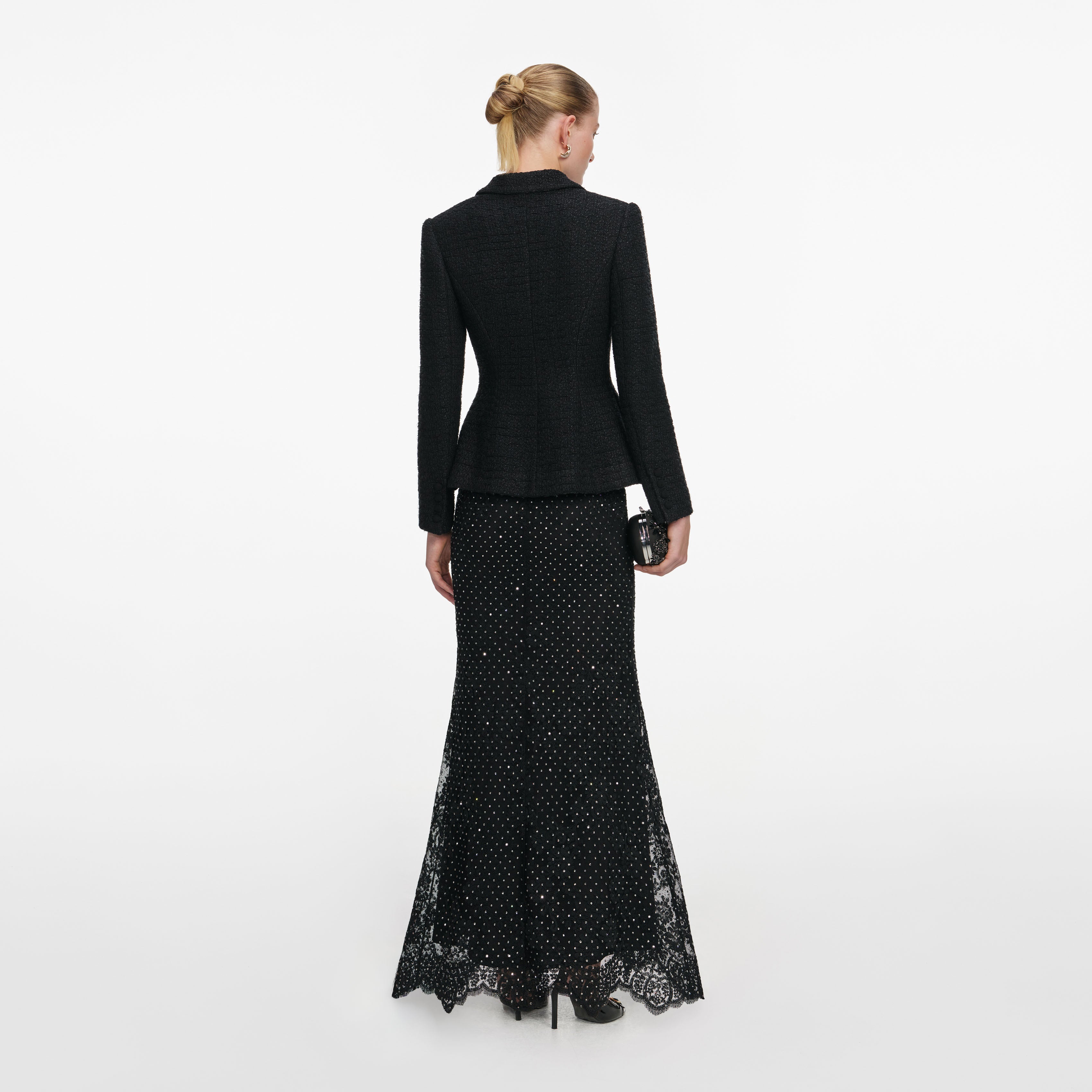 Self Portrait Black Boucle Rhinestone Maxi Kleid Schwarz