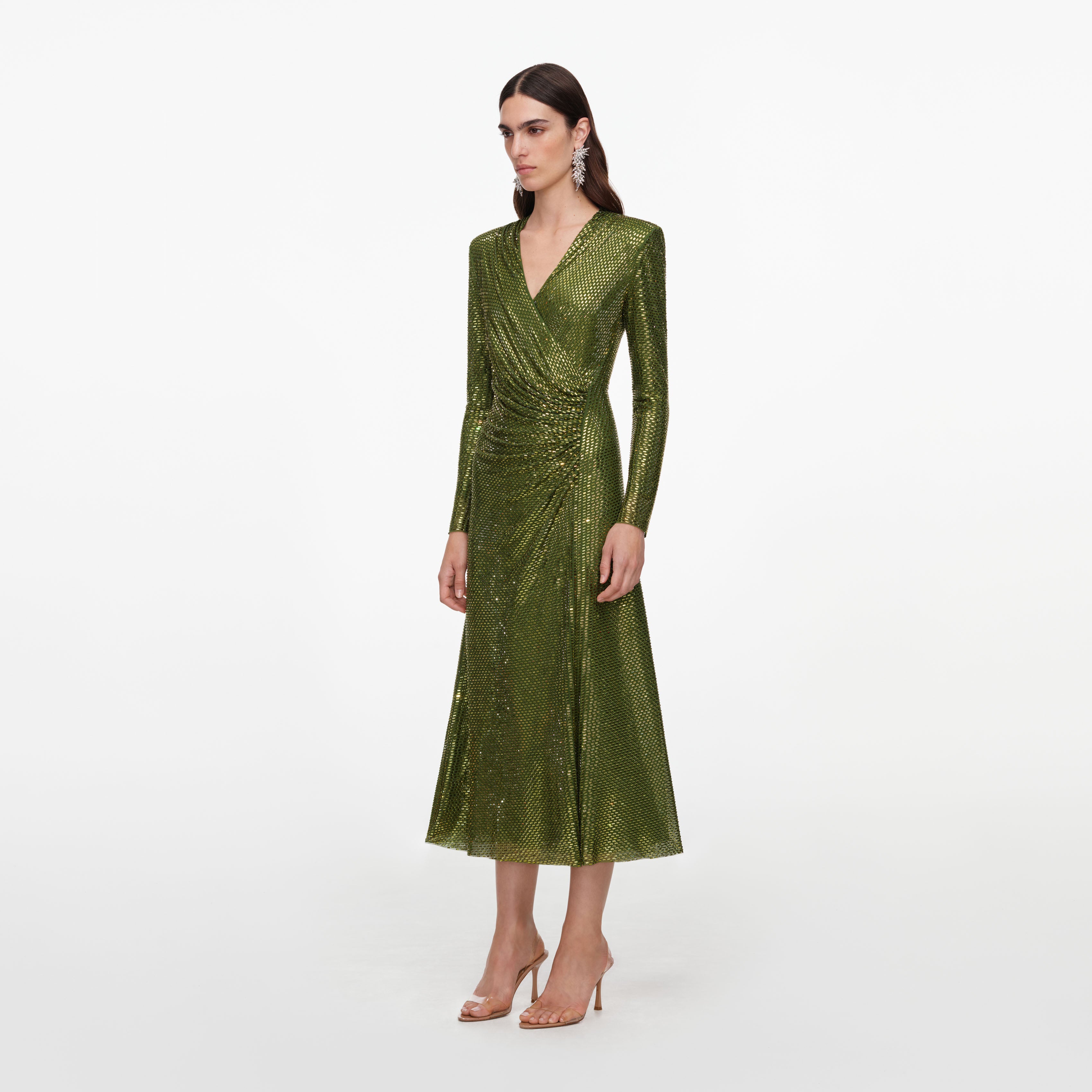 Self Portrait Olive Rhinestone Wrap Midikleid Grün UK 10 Strass