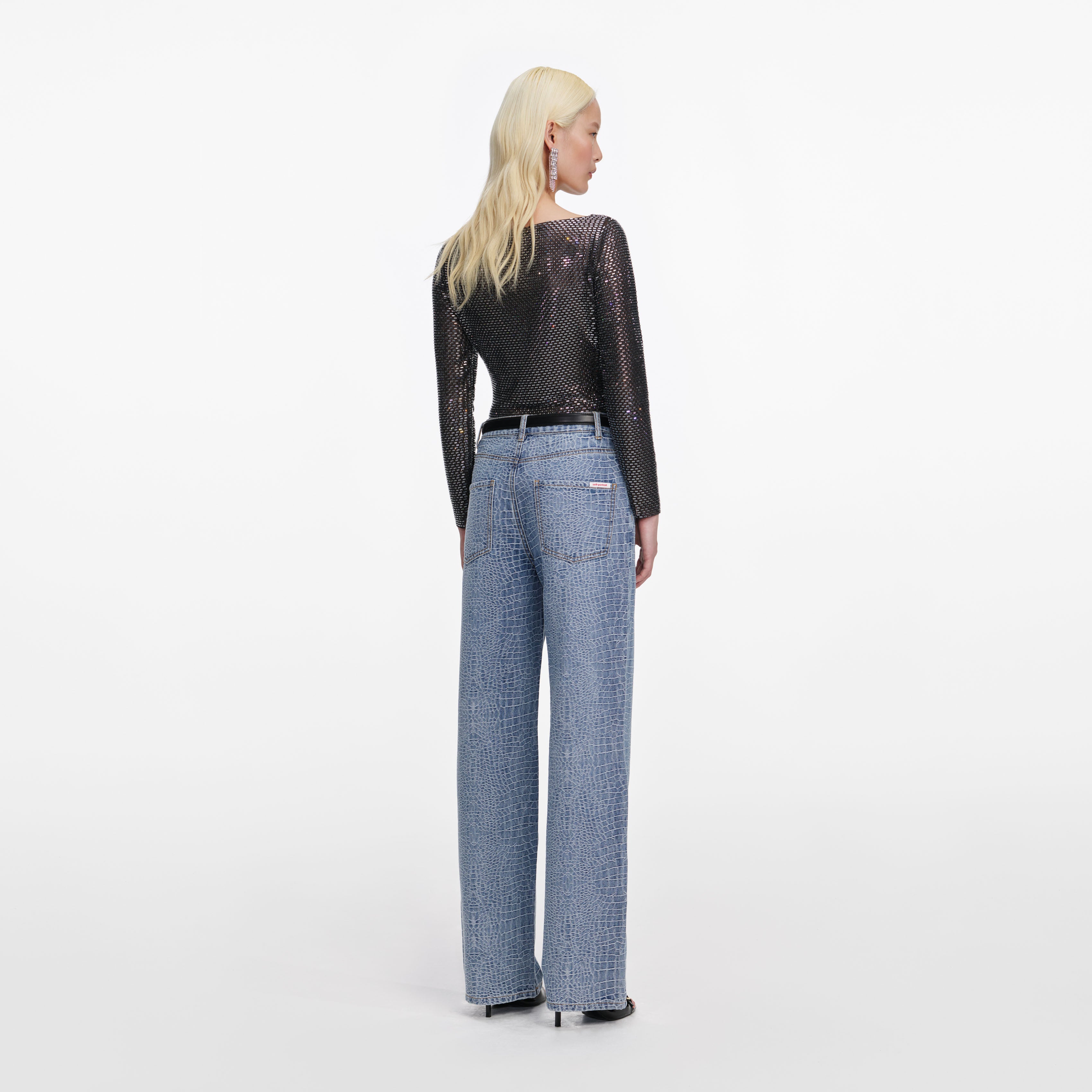 Self Portrait Croc Effect Straight Leg Jeans Blau High Waist