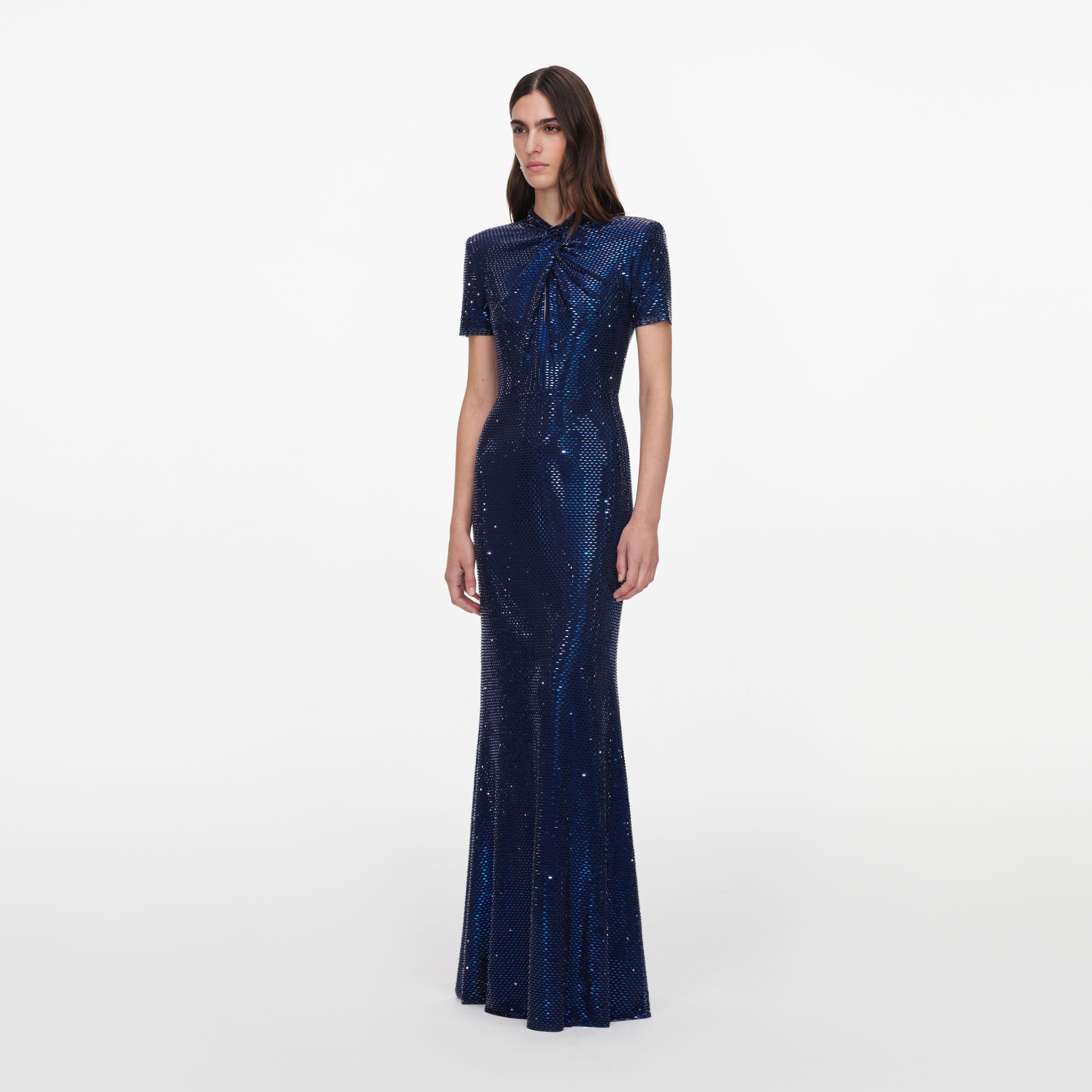 Self Portrait Dresses Navy Rhinestone Mesh Twist Maxikleid Blau