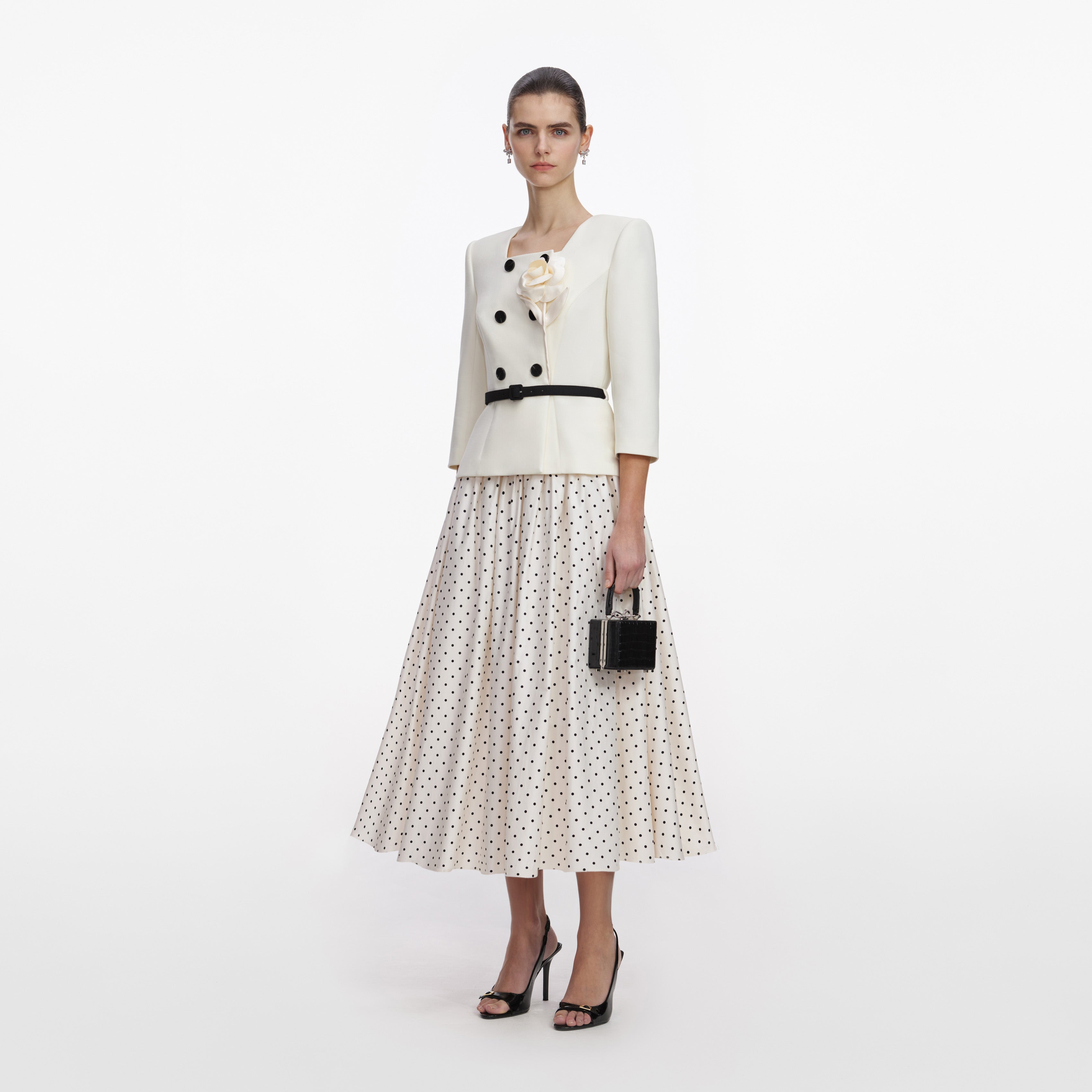Self Portrait Cream 3D Flower Midi Kleid Creme Punkte