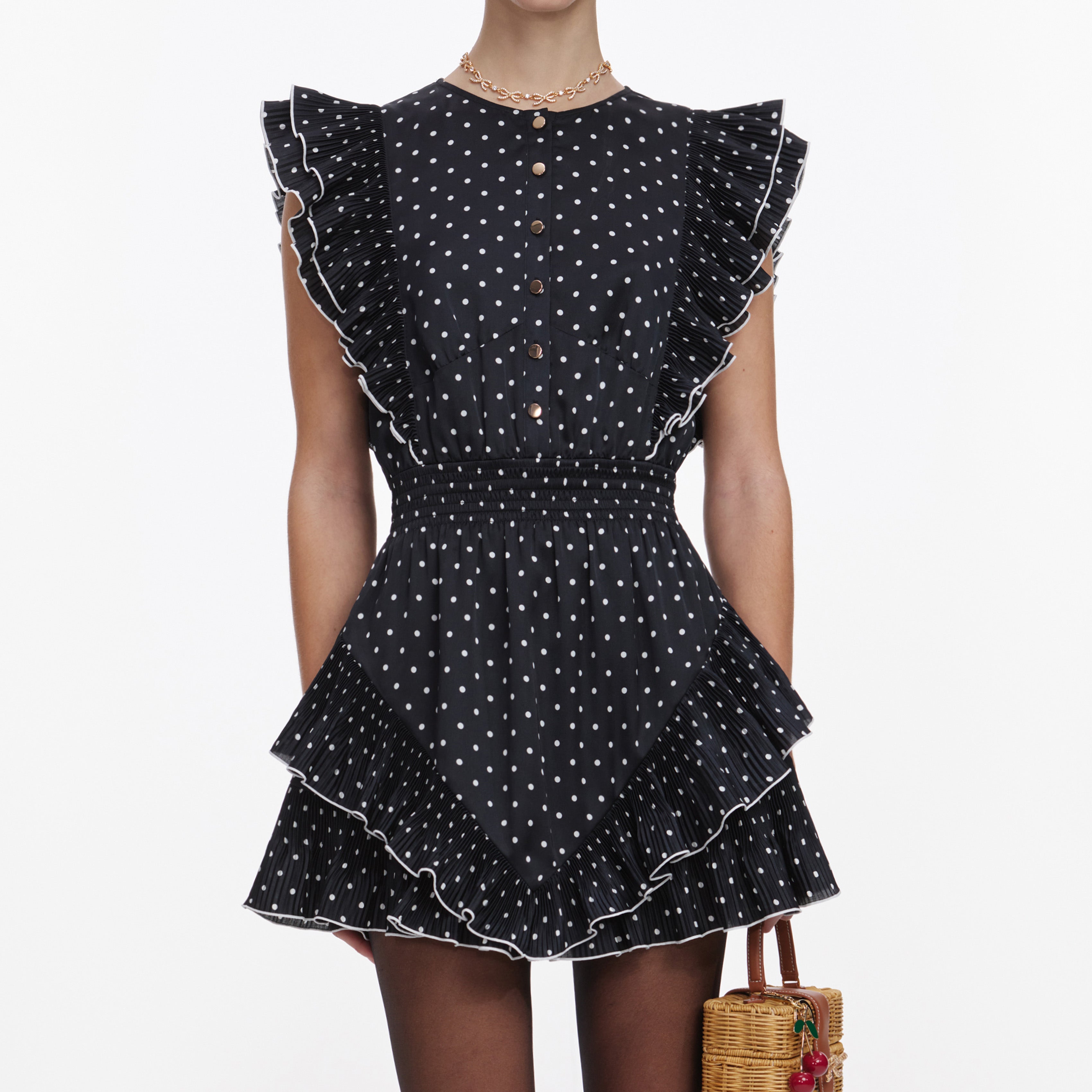 Self Portrait Black Polka Dot Frill Minikleid Schwarz