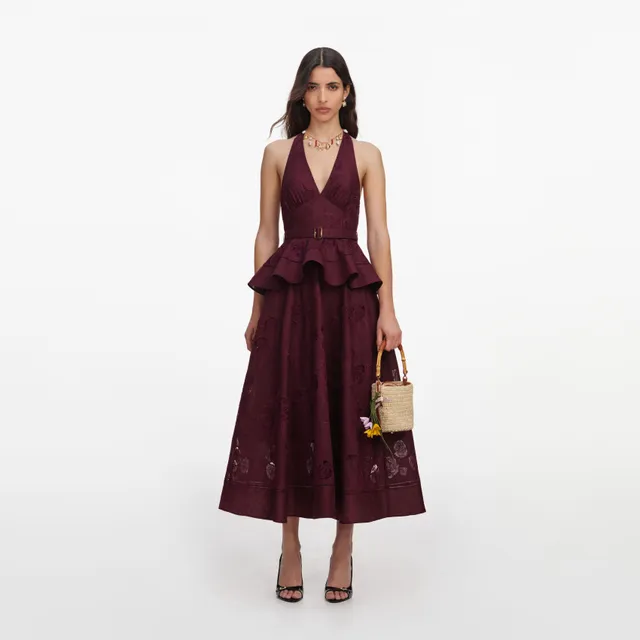 Self Portrait Plum Linen Peplum Midi Leinenkleid Beere