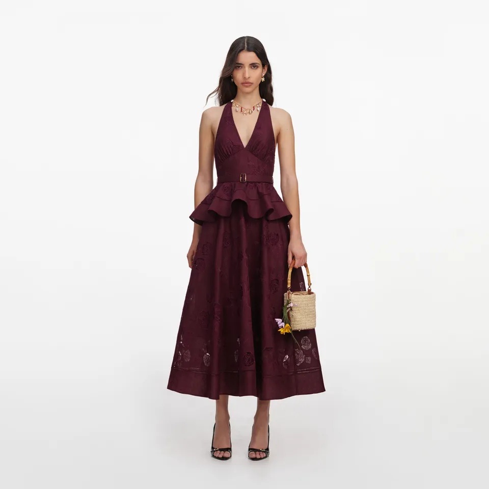 Self Portrait Plum Linen Peplum Midi Leinenkleid Beere