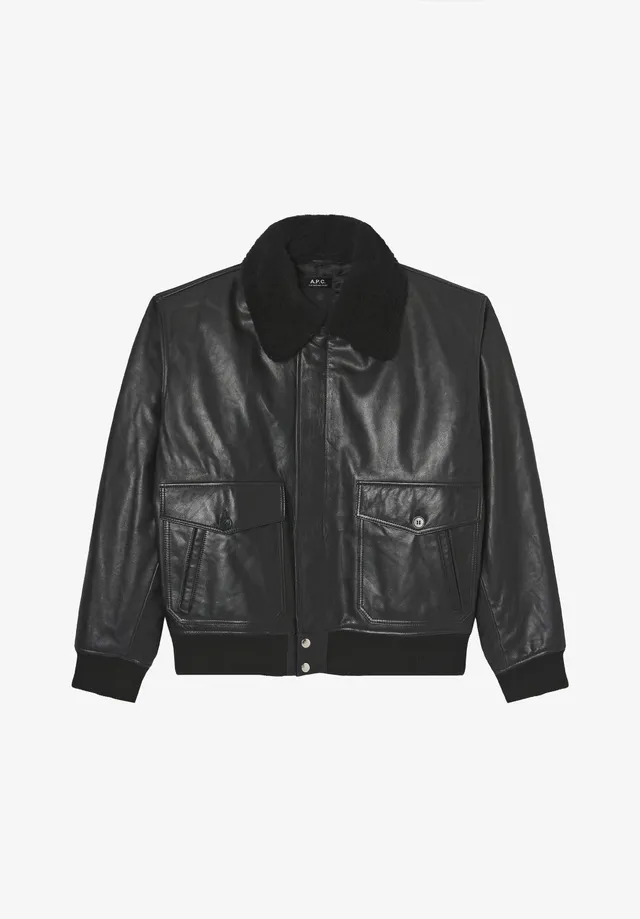 A.P.C. Bomberjacke Leder Schwarz Boxy Recycelte Wolle