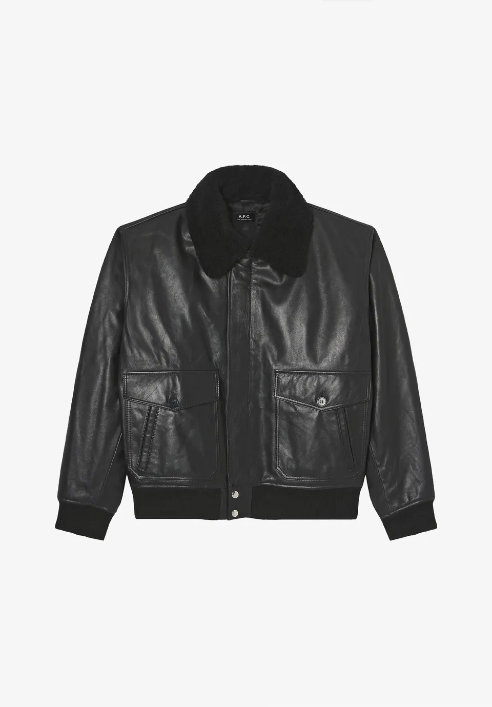 A.P.C. Bomberjacke Leder Schwarz Boxy Recycelte Wolle