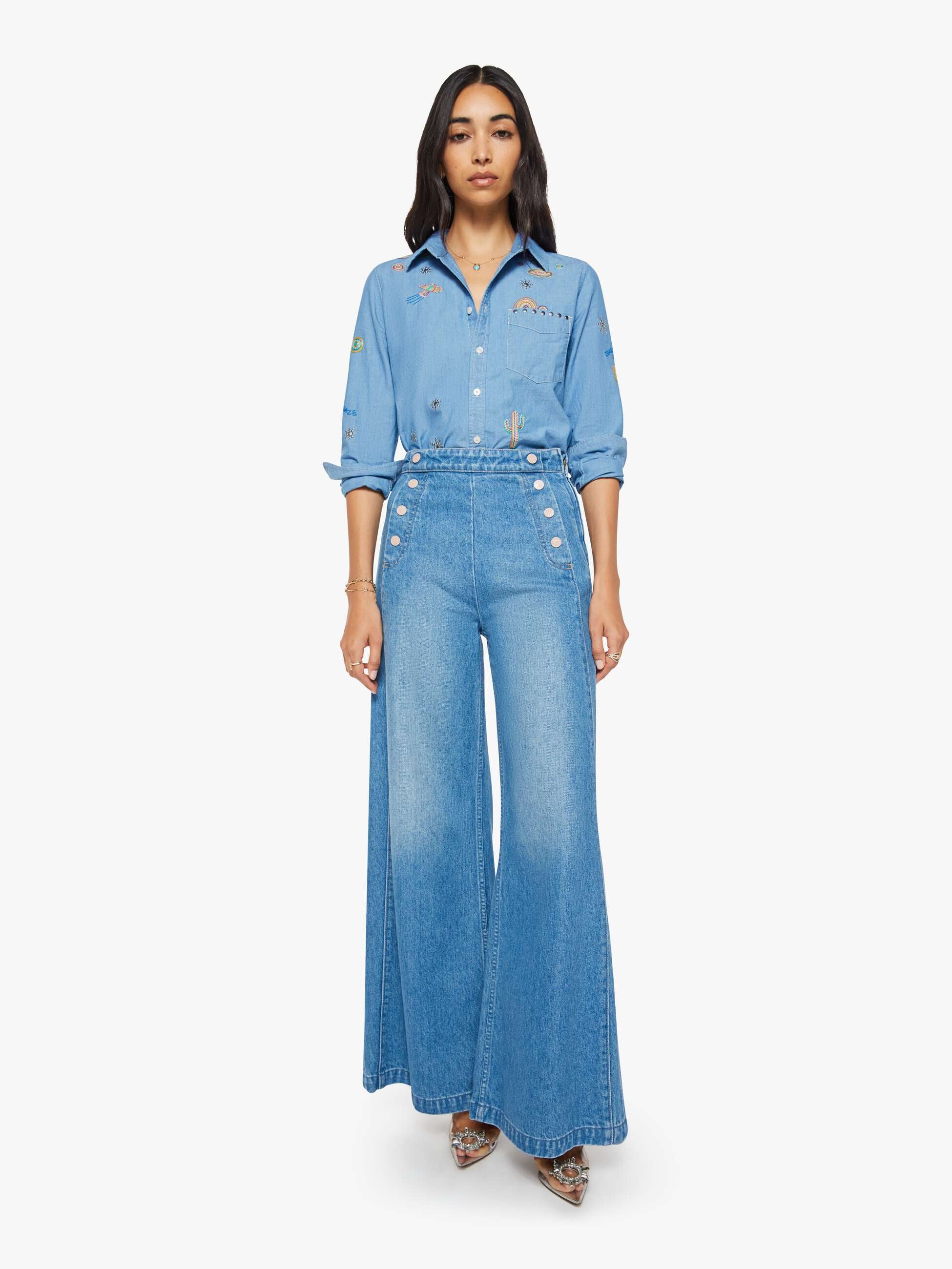 Mother The Foxy Boxy Bluse Hands Up blau Stickerei