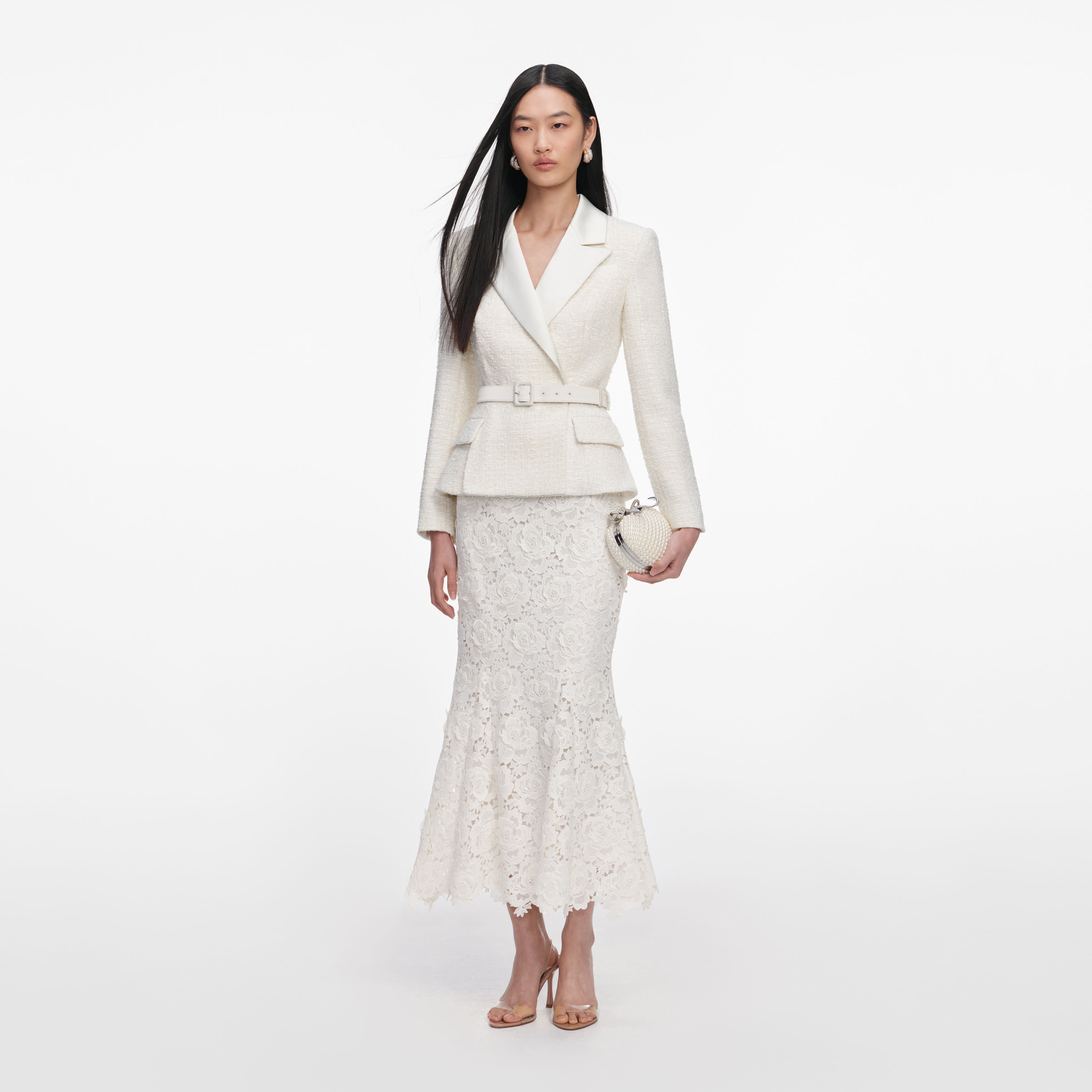 Self Portrait Boucle Midi Kleid Creme Spitze Gürtel