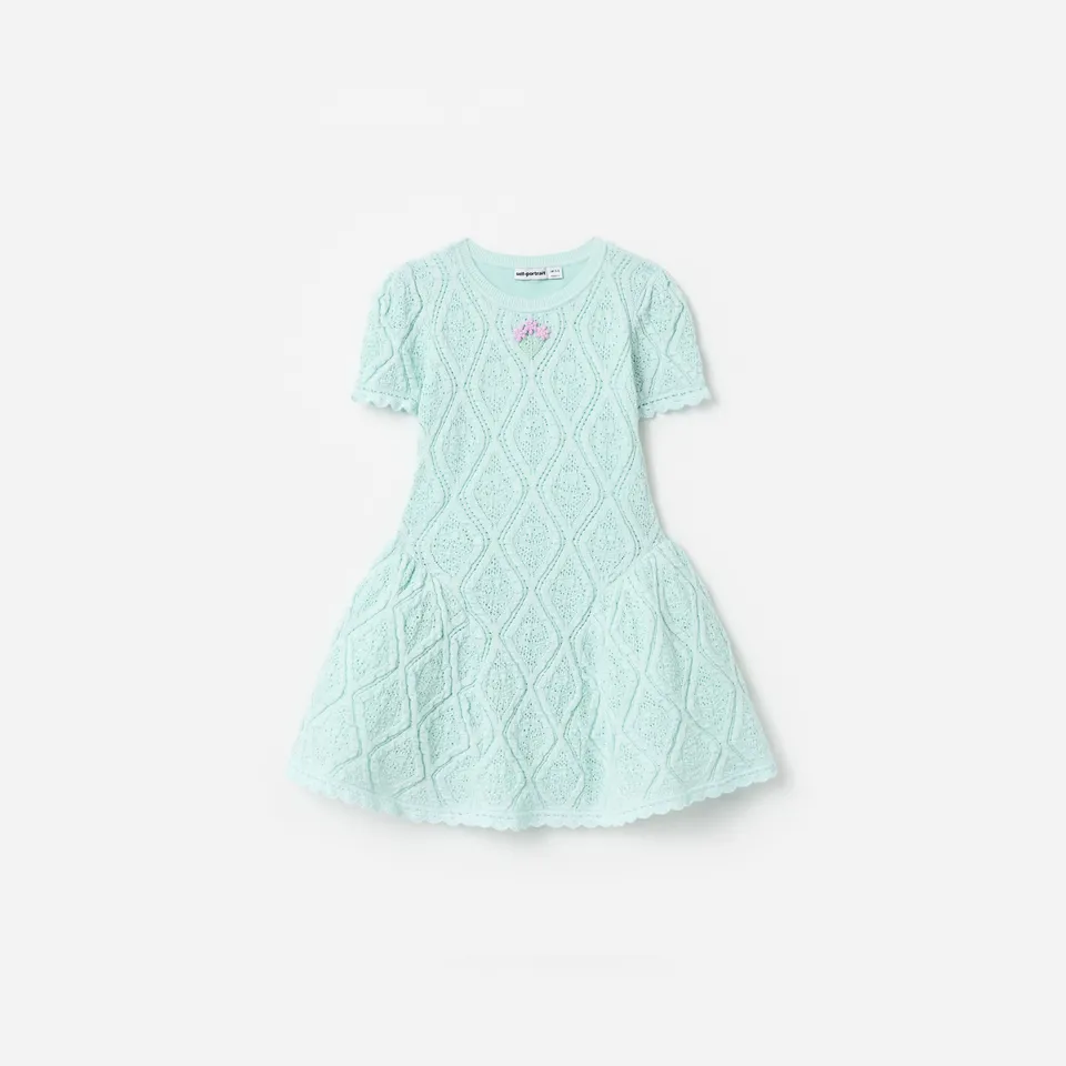 Self Portrait Mint Flower Embroidered Knit Kleid Blau Kinder