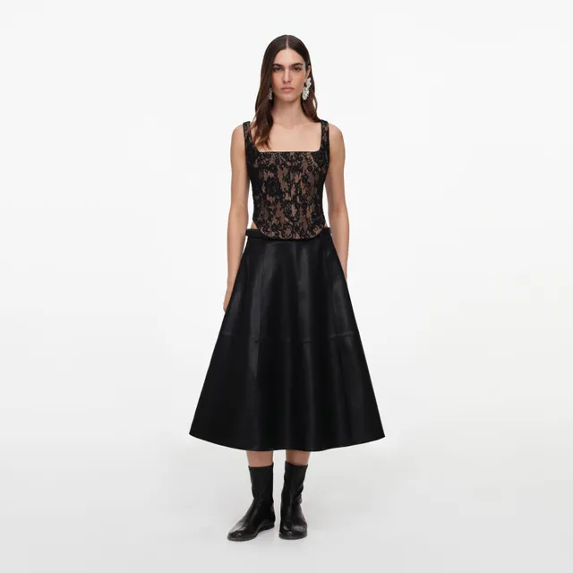 Self Portrait Black Faux Leather Midi Rock Schwarz