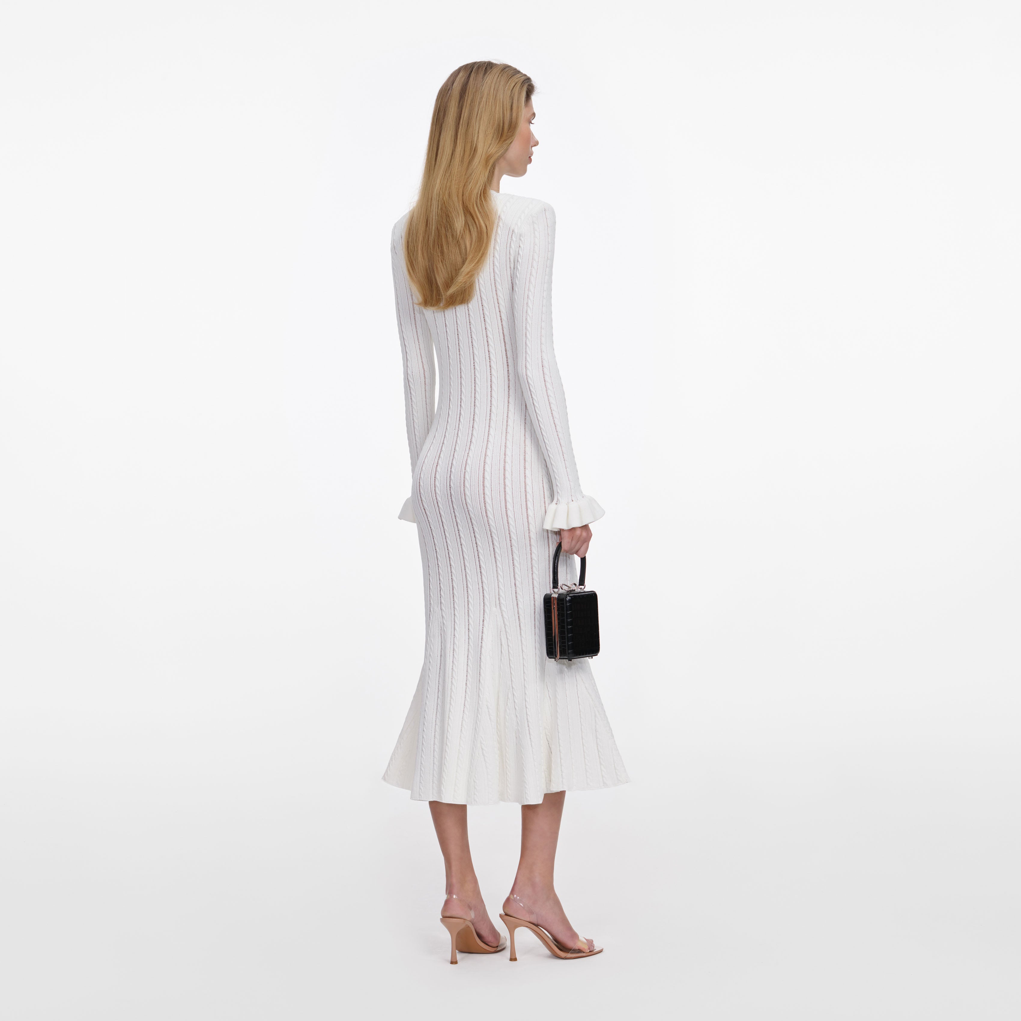 Self Portrait White Pointelle Knit Midi Kleid Weiß