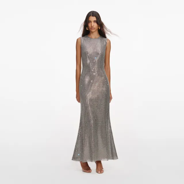 Self Portrait Grey Rhinestone Mesh Midi Kleid Grau Strass