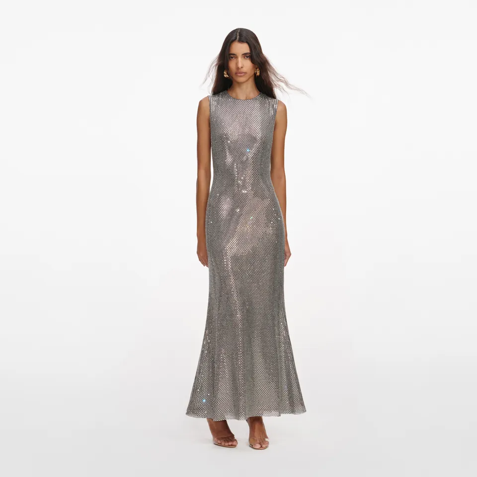 Self Portrait Grey Rhinestone Mesh Midi Kleid Grau Strass