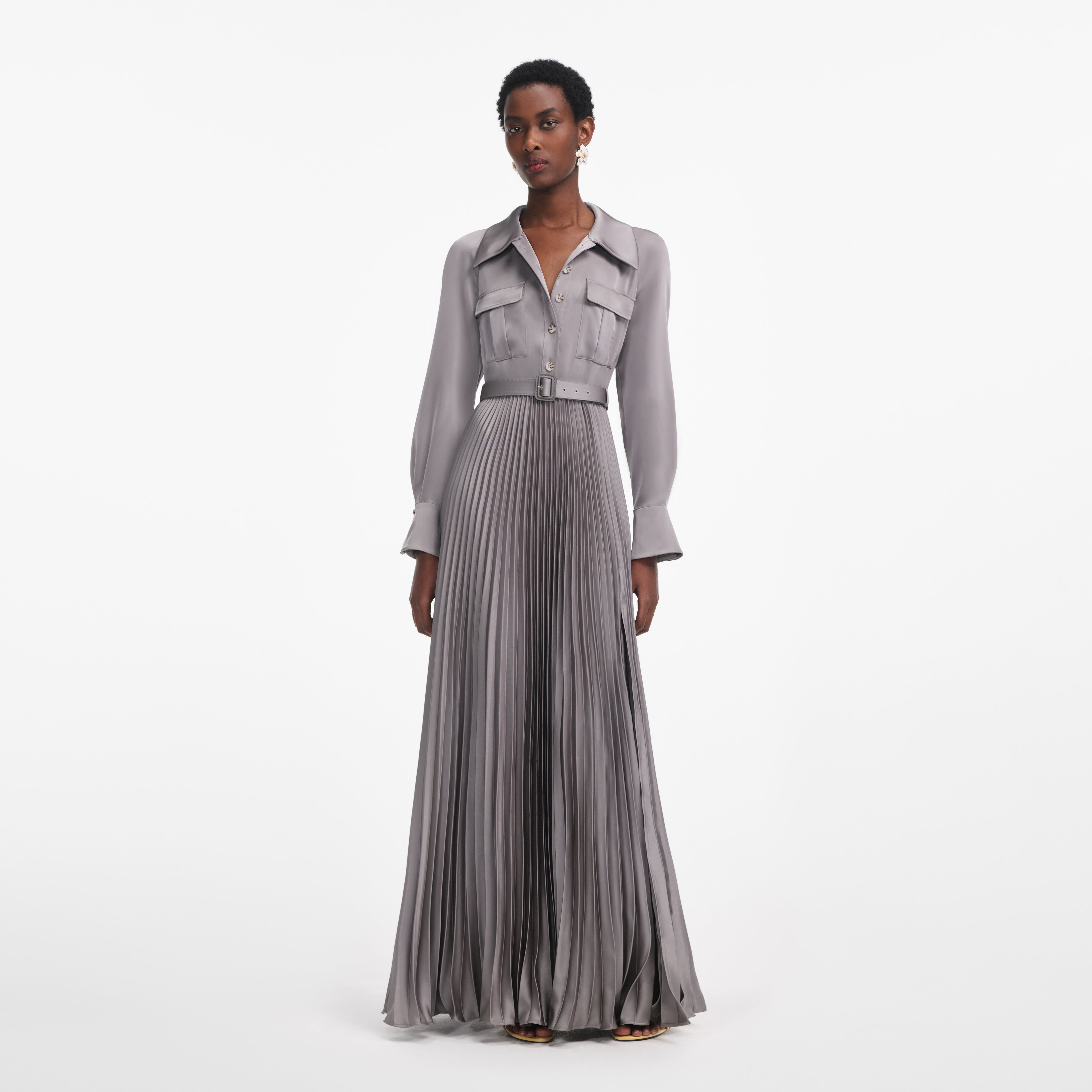 Self Portrait Grey Satin Pleated Maxi Kleid UK 8