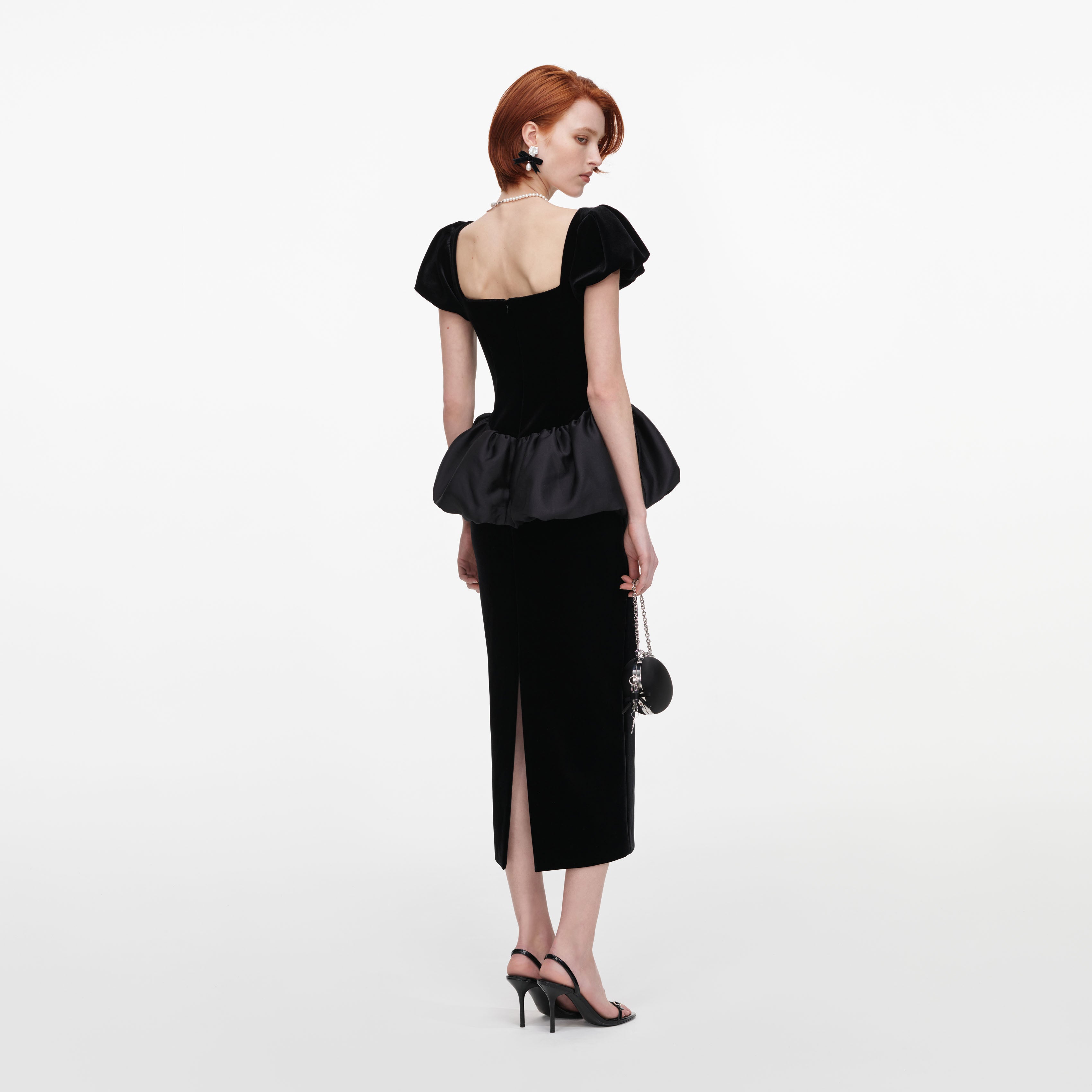 Self Portrait Velvet Bubble Peplum Midi Kleid Schwarz Samt