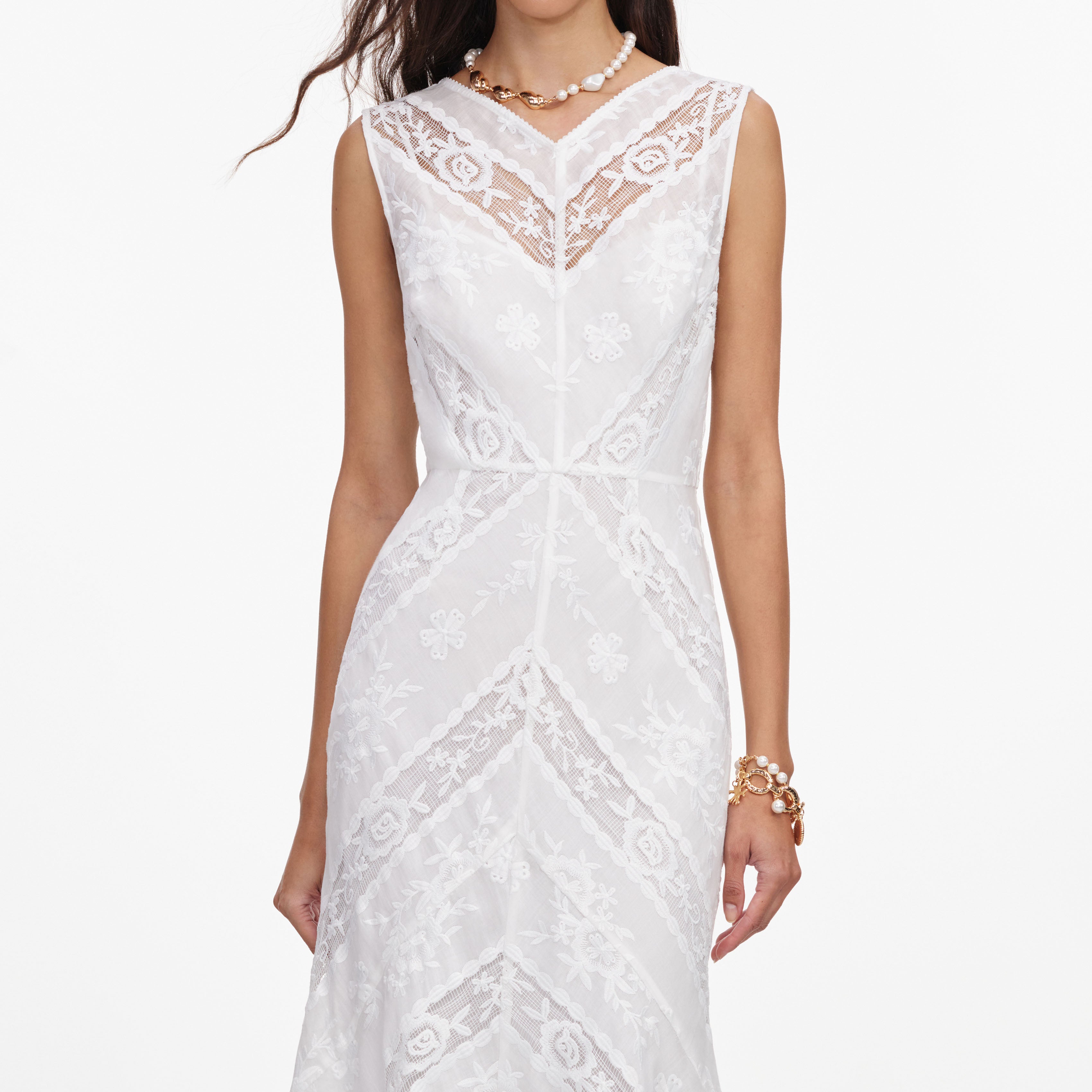 Self Portrait White Ramie Sleeveless Midi Dress Kleid Weiss