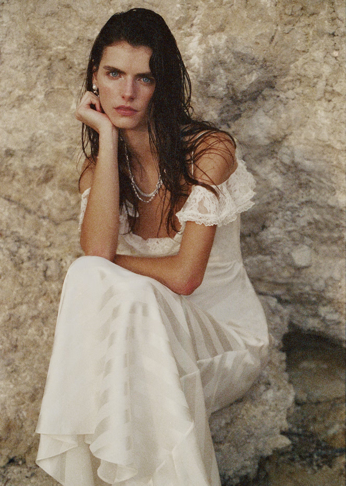 Self Portrait Cream Satin Striped Maxi Kleid Creme Satin