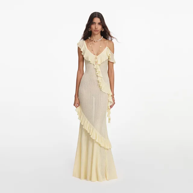 Self Portrait Yellow Ruffle Knit Maxi Dress Kleid Gelb Rückenfrei