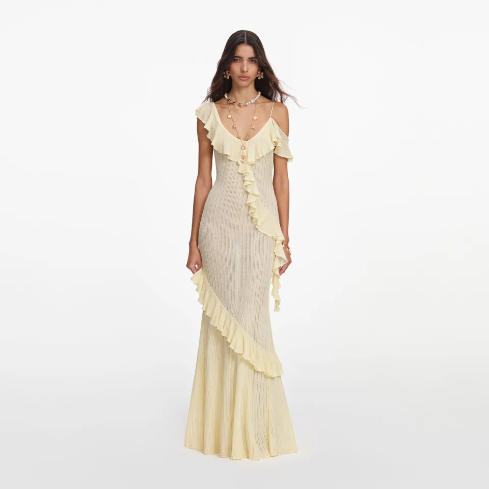 Self Portrait Yellow Ruffle Knit Maxi Dress Kleid Gelb Rückenfrei