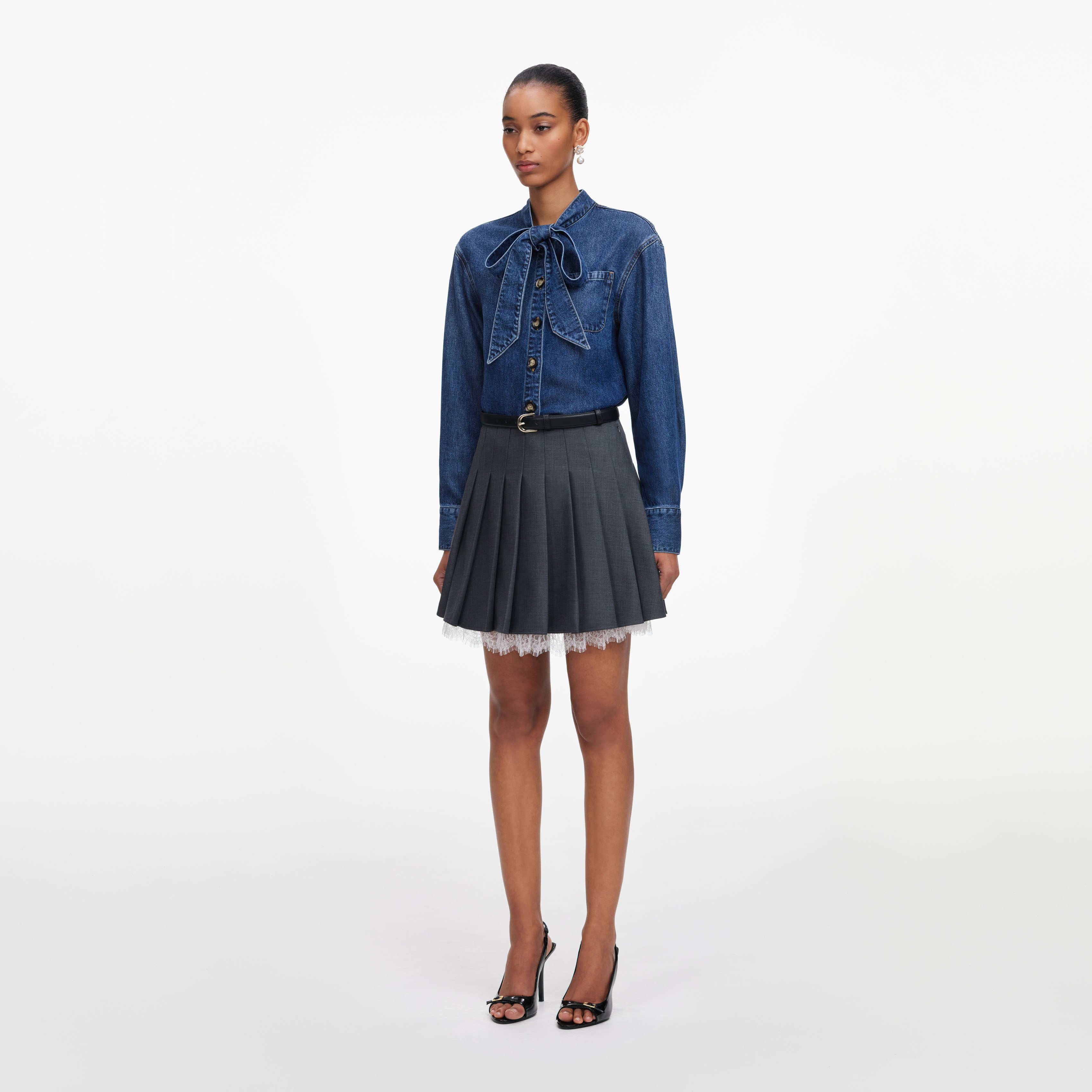 Self Portrait Denim Tie Neck Shirt Denimhemd Blau Schleife