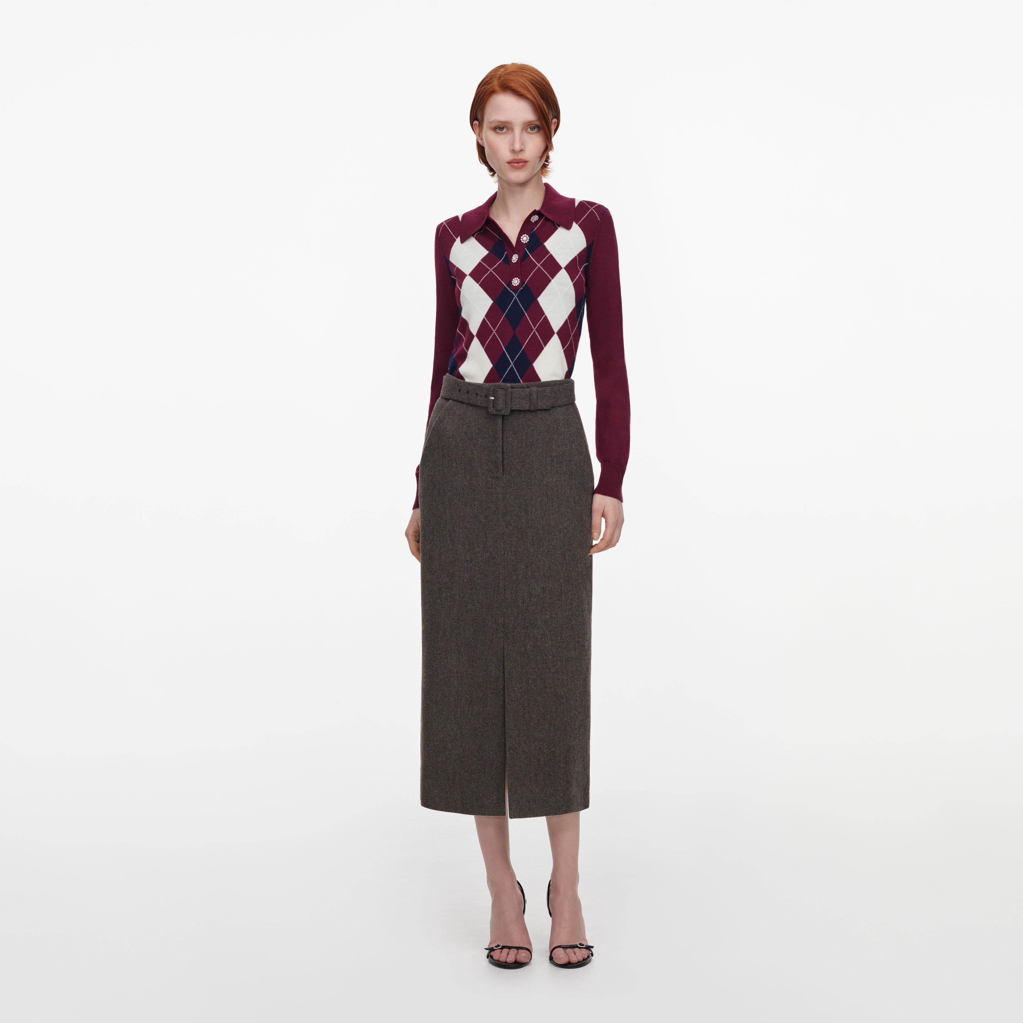 Self Portrait Knitwear Pullover Bordeaux Argyle Leicht