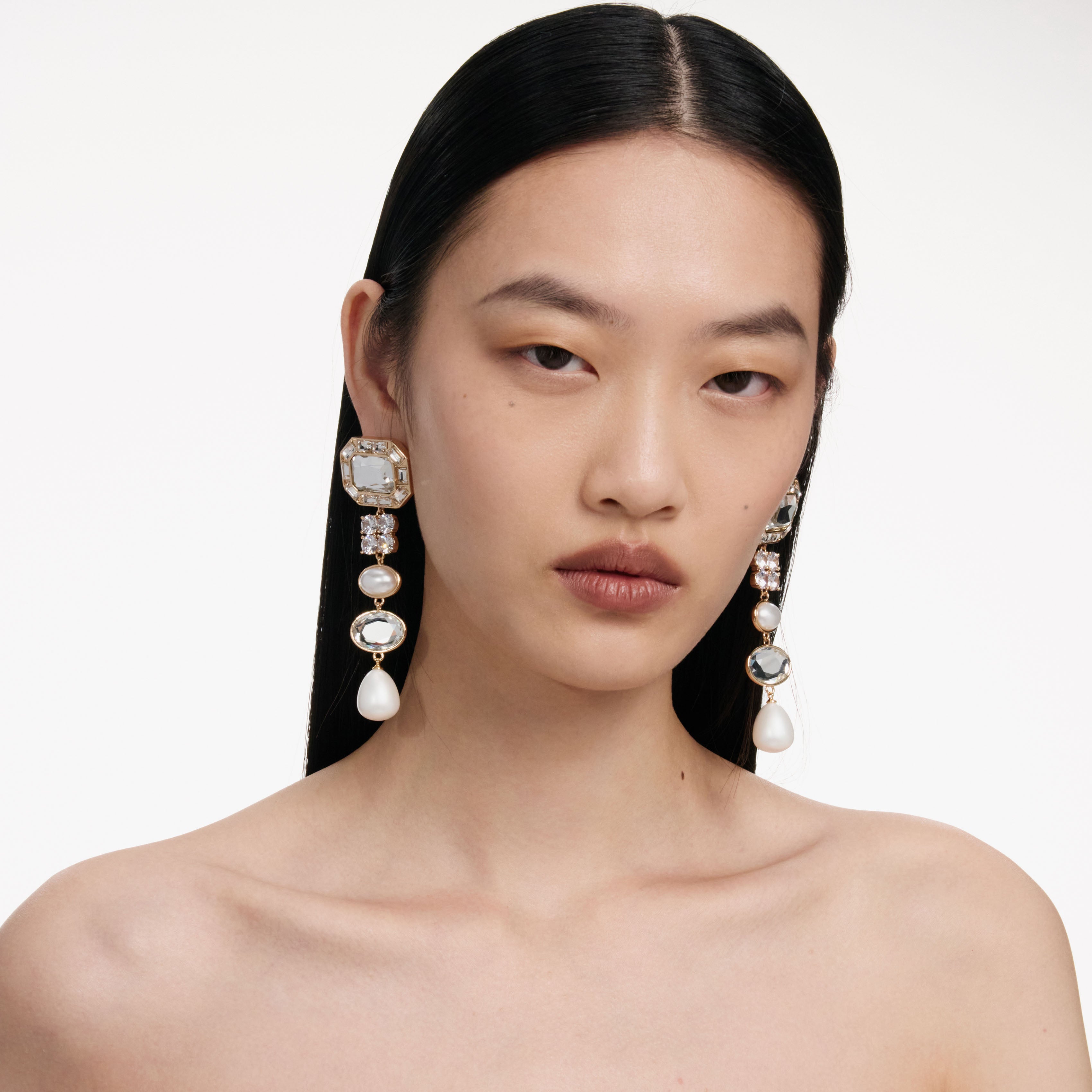 Self Portrait Gold Crystal Pearl Tiered Earrings Ohrringe Gold