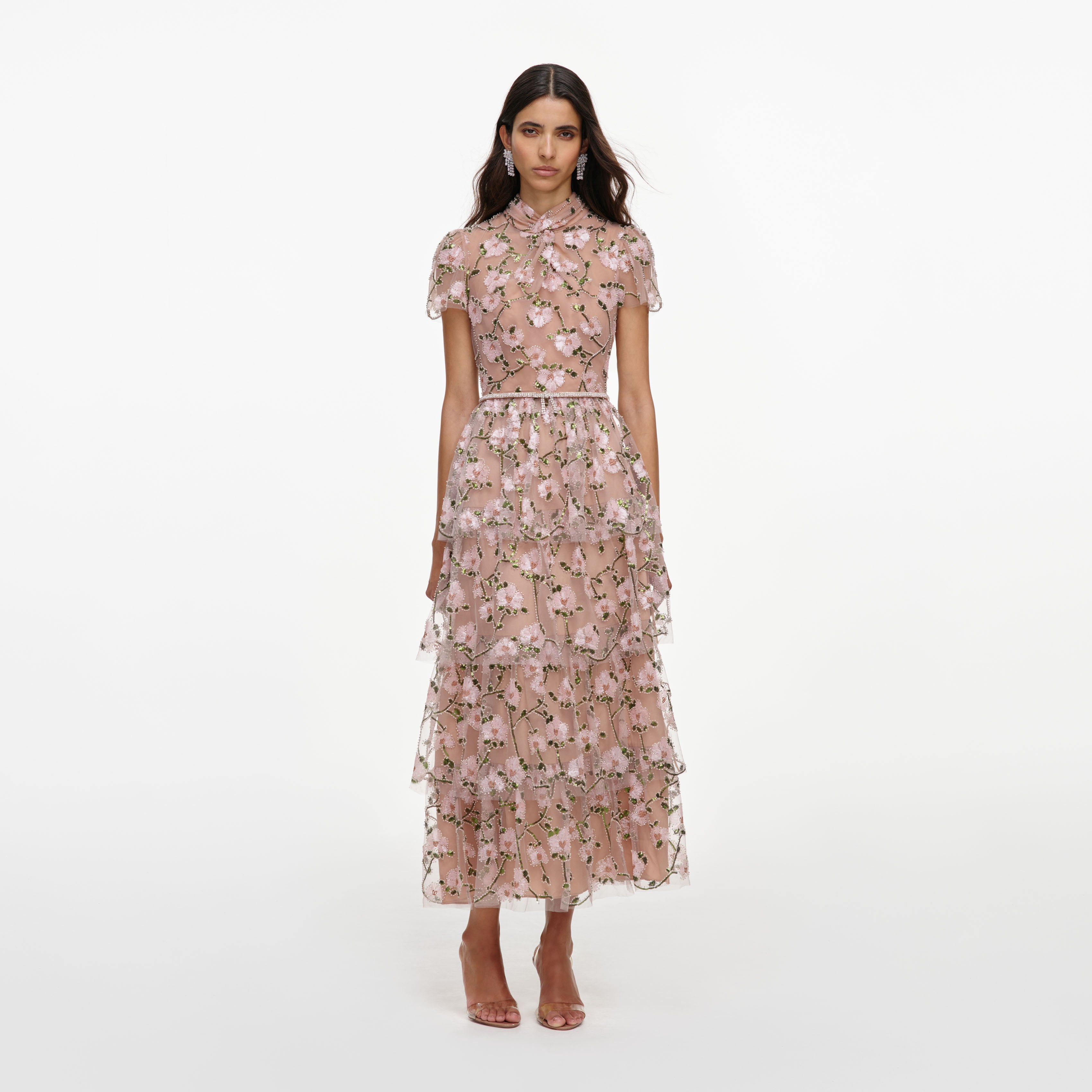 Self Portrait Pink Sequin Tiered Midi Kleid Rosa UK 8