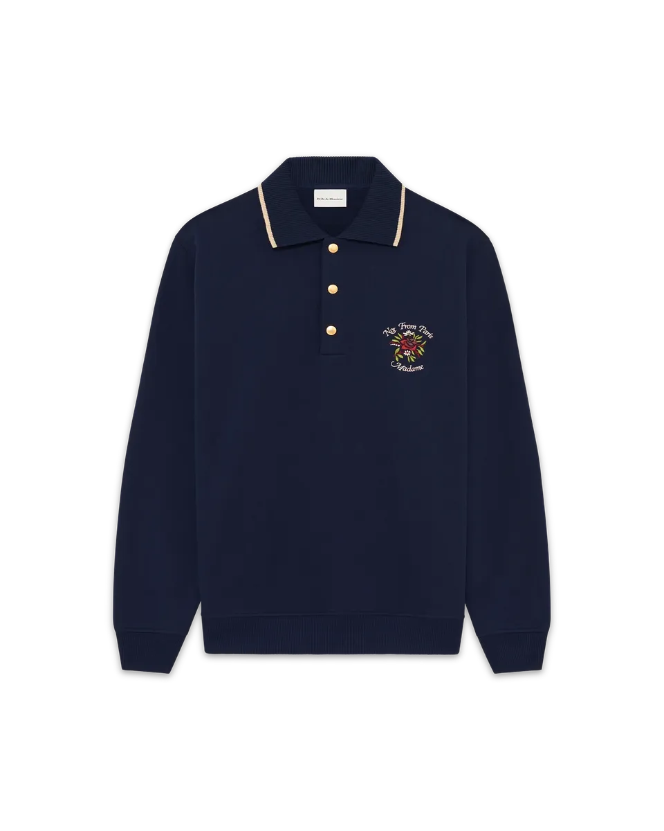 Drôle De Monsieur Polo Slogan Rose Poloshirt Navy Langarm