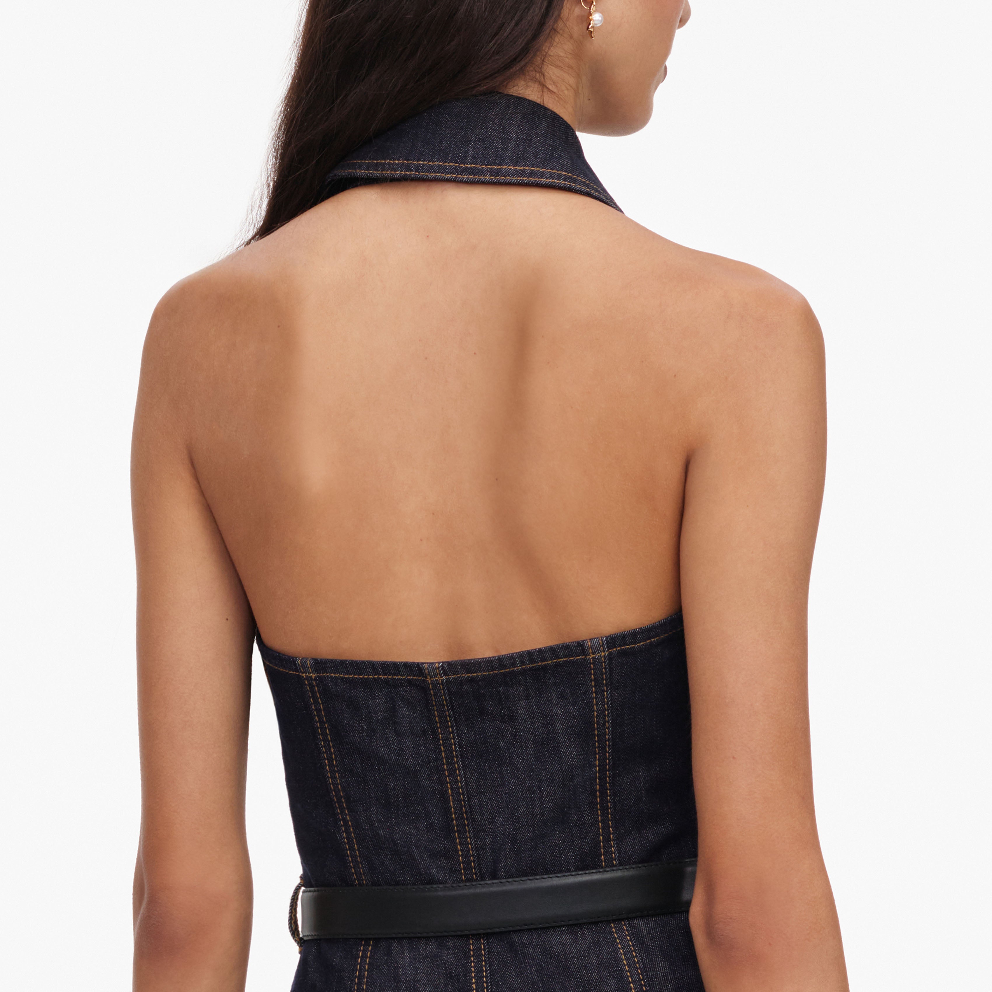 Self Portrait Denim Indigo Halterneck Midikleid UK 6 rückenfrei