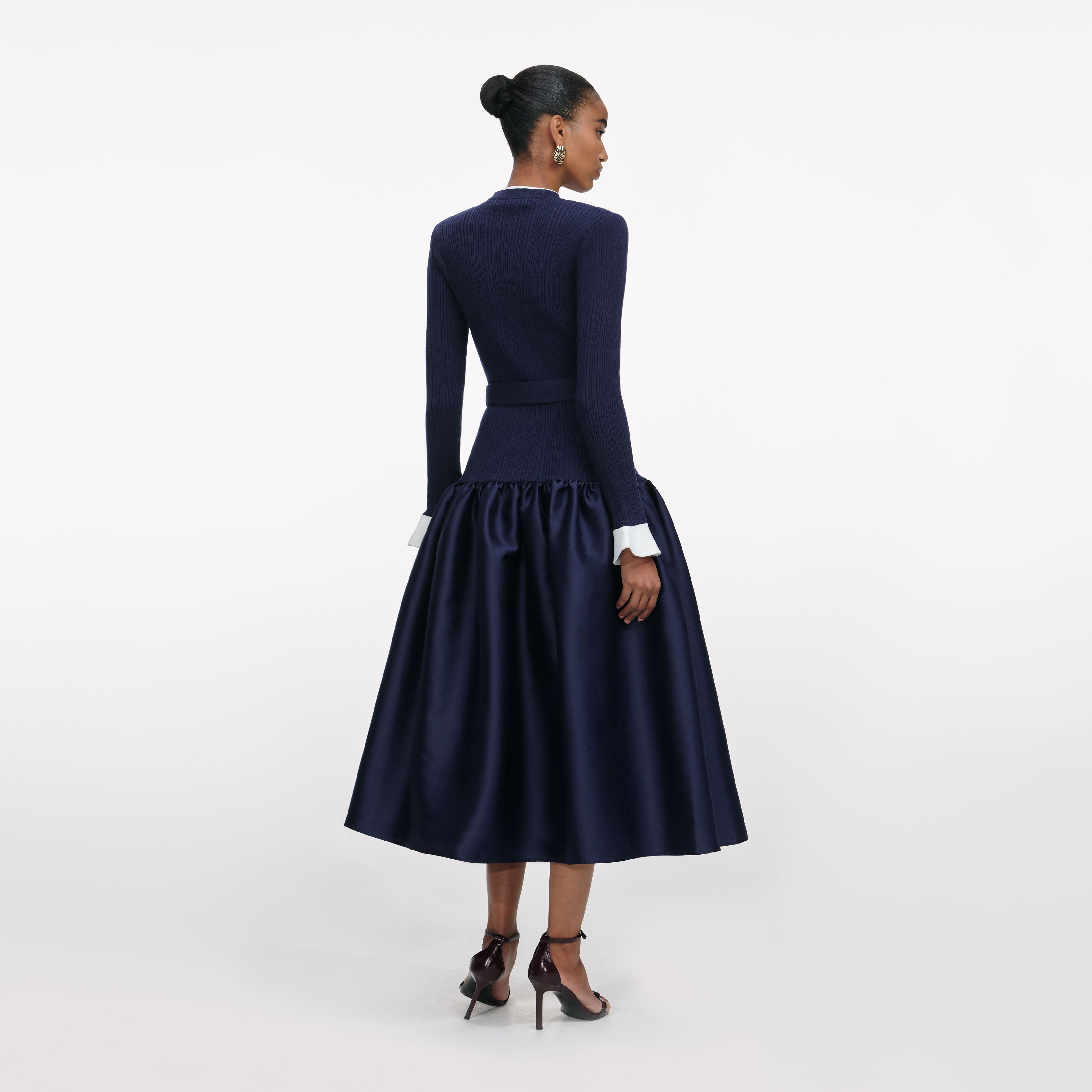Self Portrait Navy Knit Midikleid Blau Taft Goldknöpfe