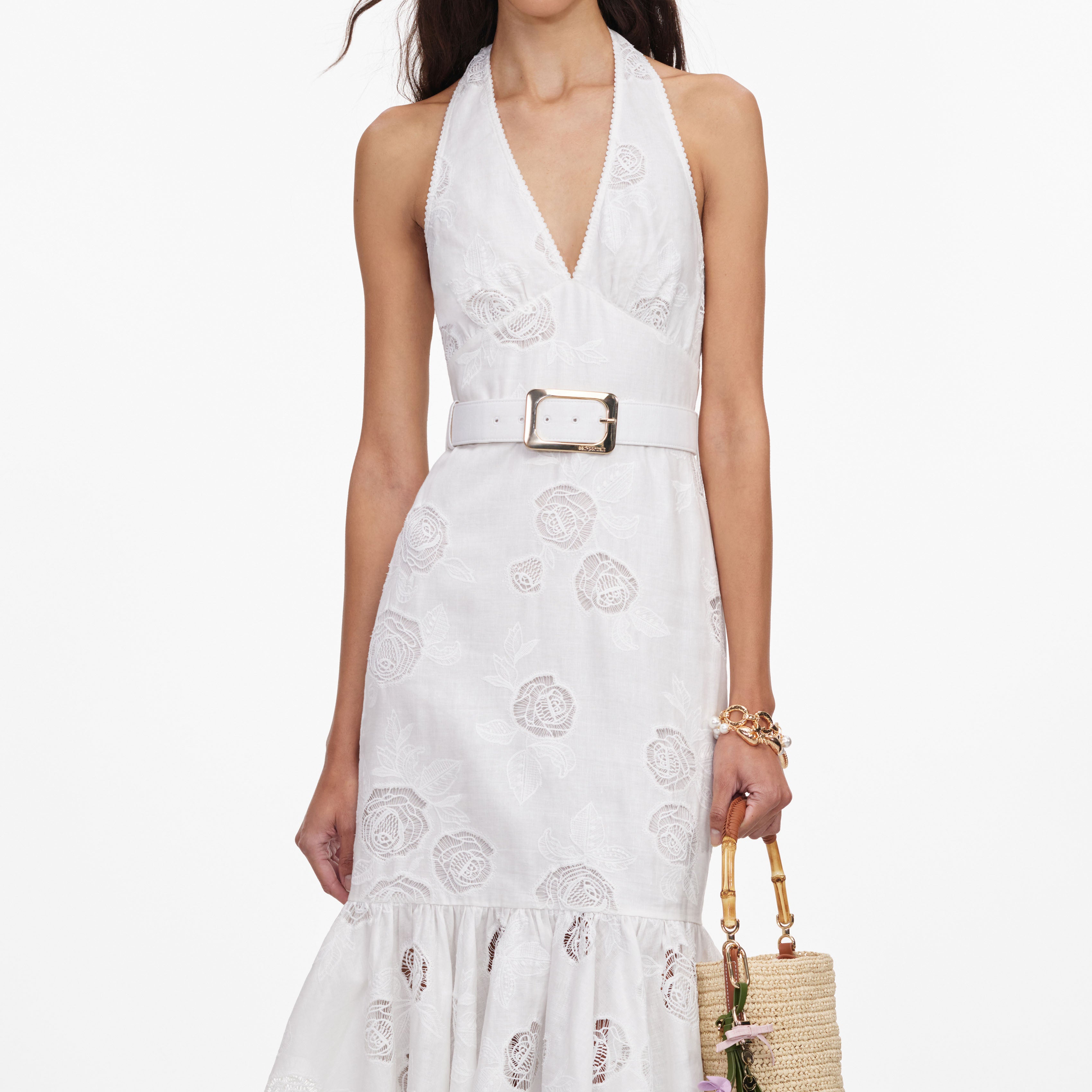Self Portrait White Linen Halterneck Midi Kleid Weiß Leinen