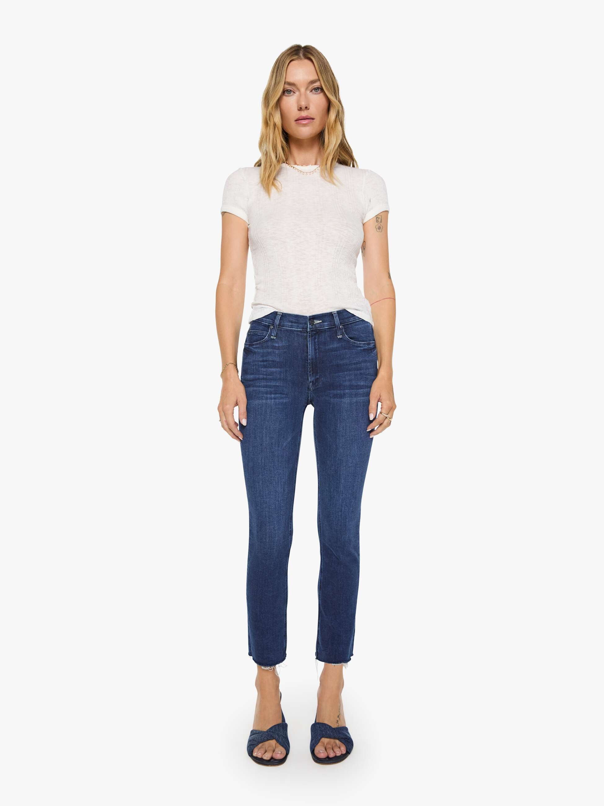 Mother The Mid Rise Dazzler Ankle Fray Jeans Dunkelblau