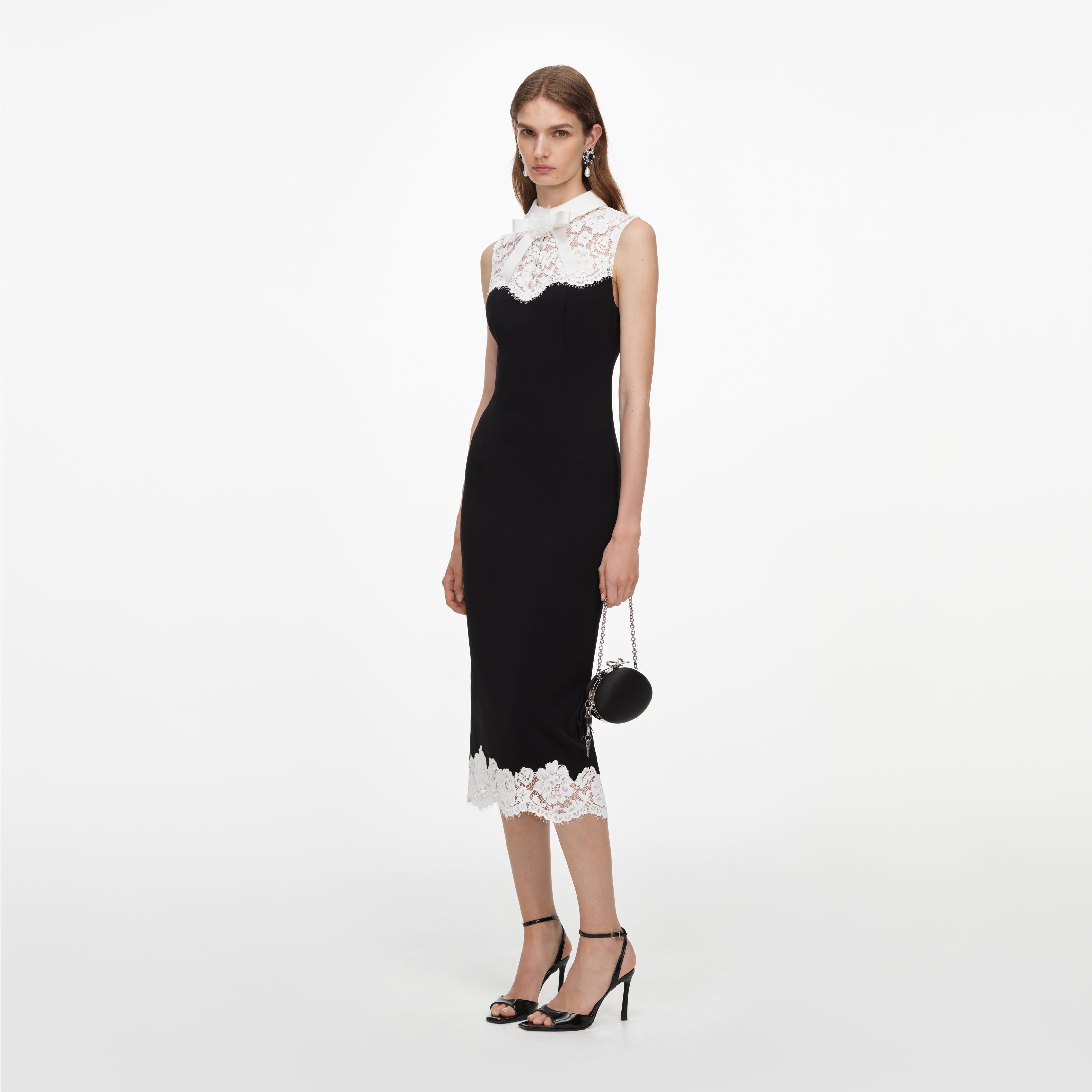 Self Portrait Black Lace Bodice Midi Dress Schwarz