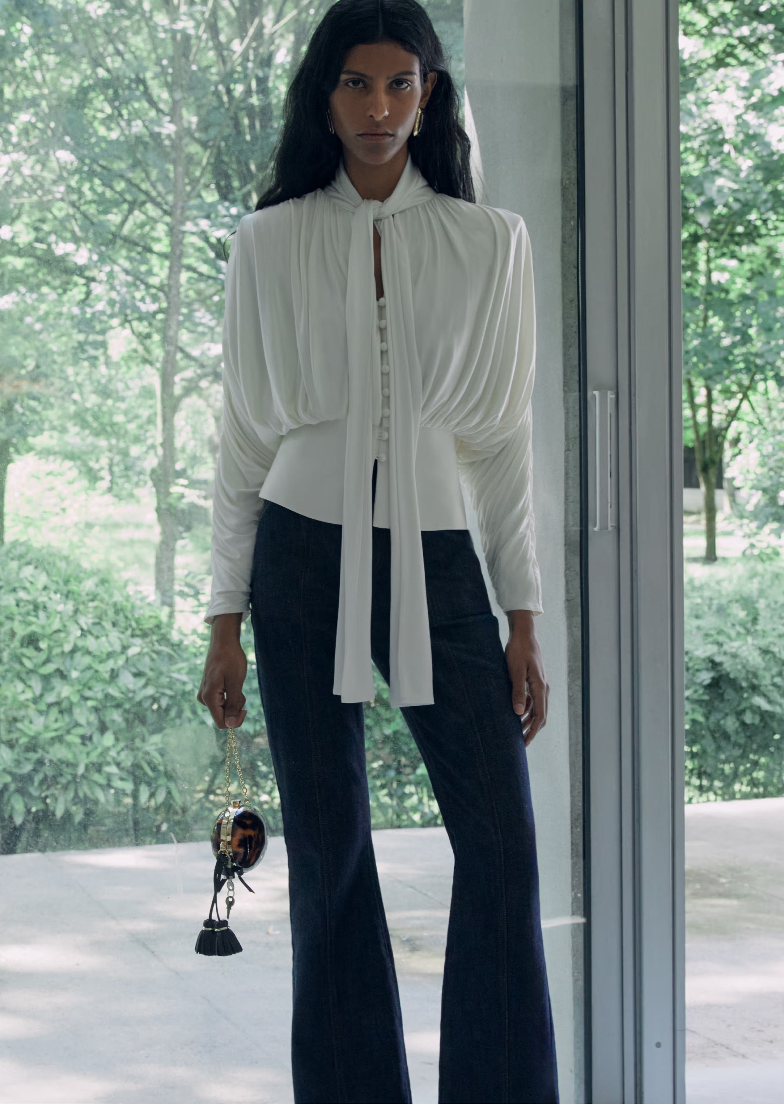 Self Portrait Cream Tie Neck Jersey Top Creme Viskose
