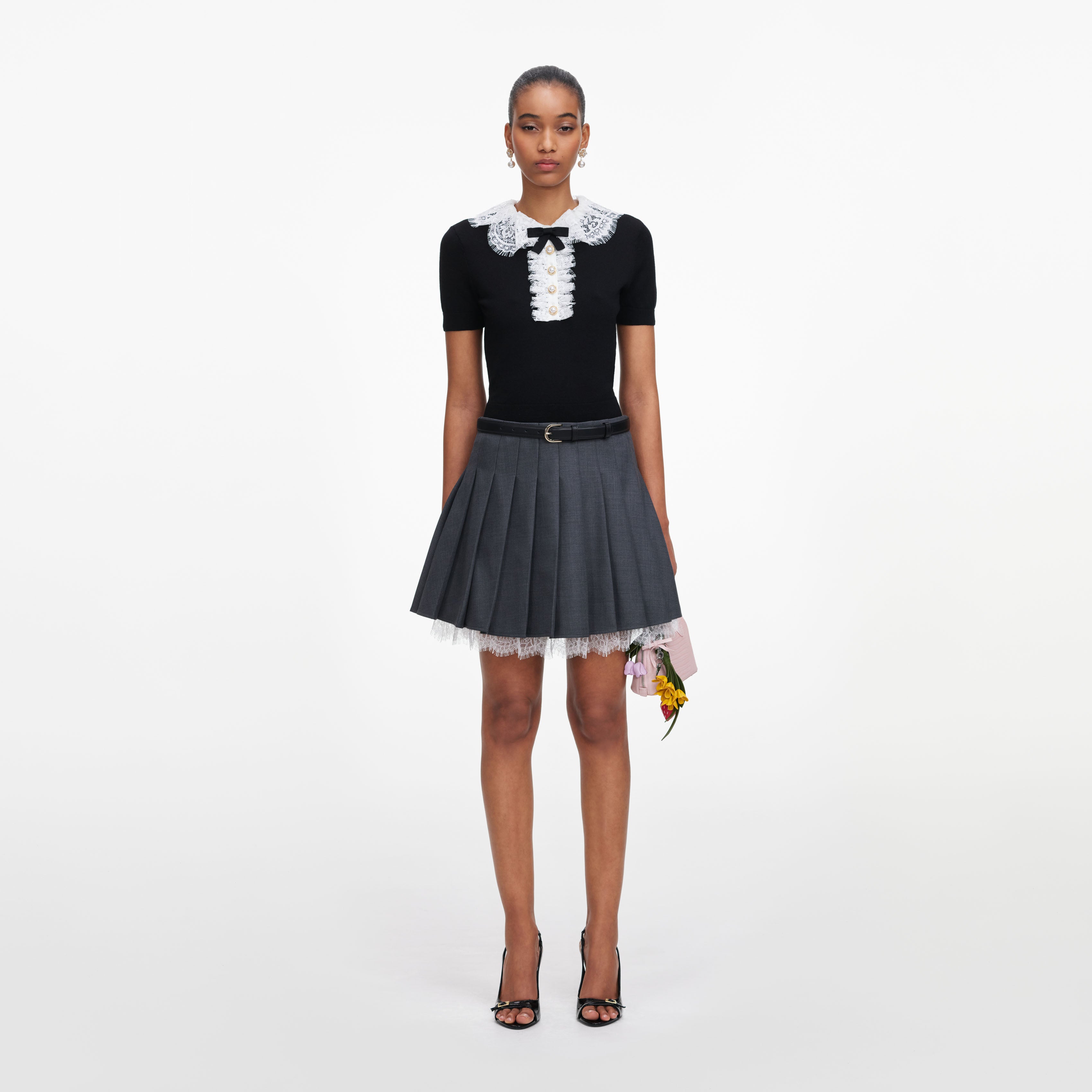 Self Portrait Black Knit Lace Collar Top Schwarz Spitze