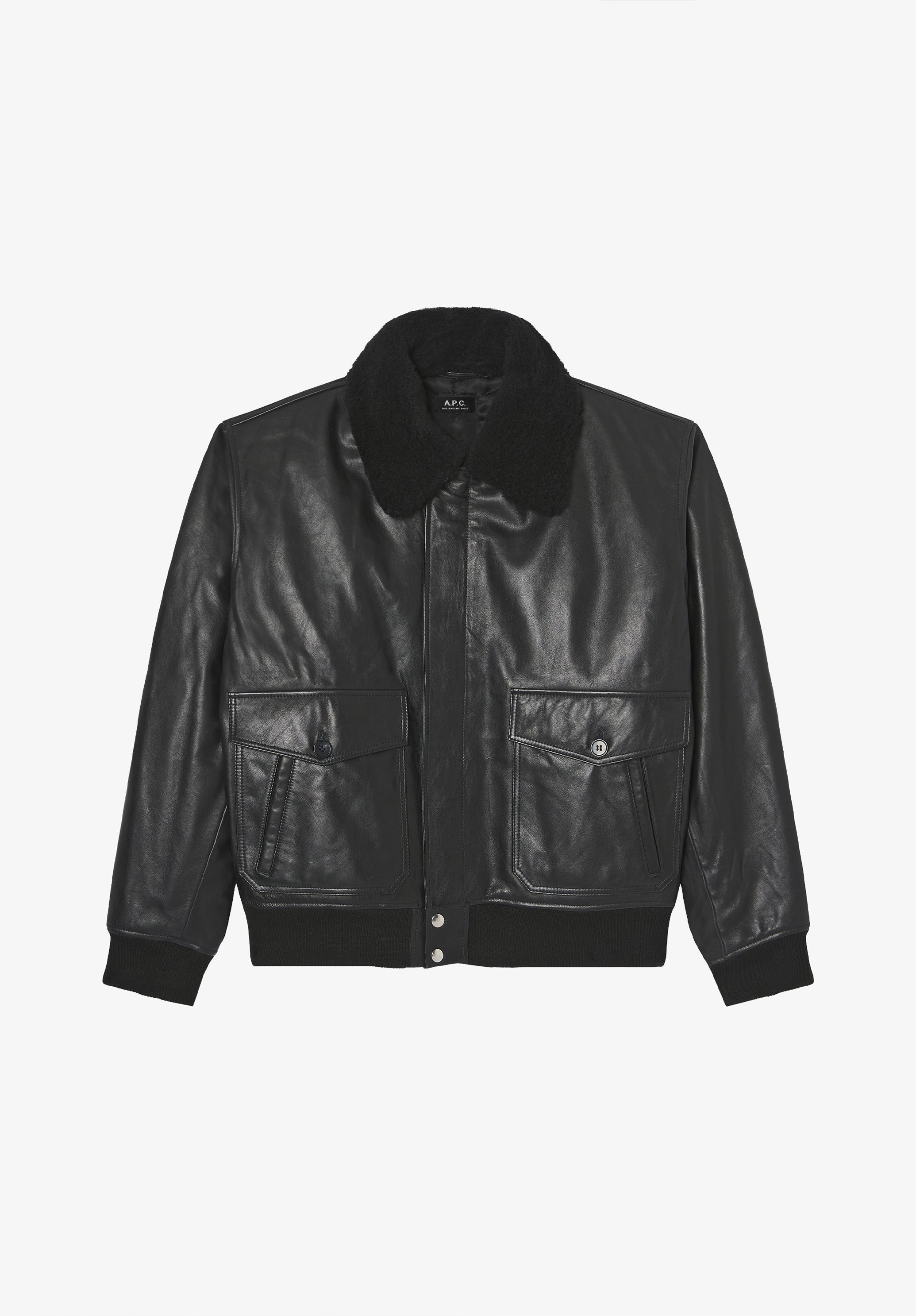 A.P.C. Bomberjacke Leder Schwarz Boxy Recycelte Wolle