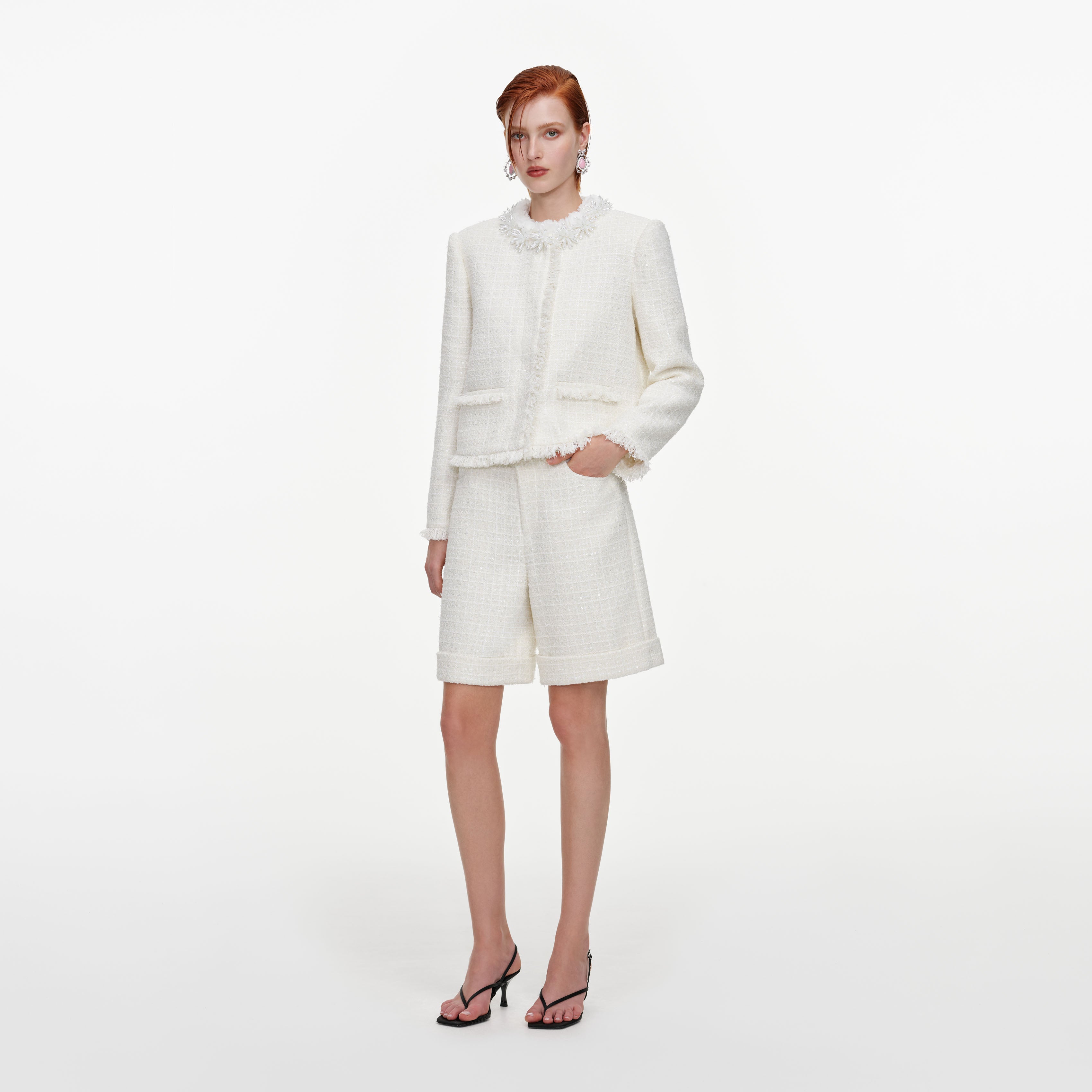 Self Portrait Cream Sequin Boucle Pearl Jacke Creme