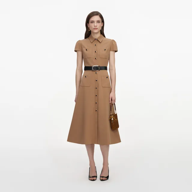 Self Portrait Twill Belted Midi Kleid Tan UK 6