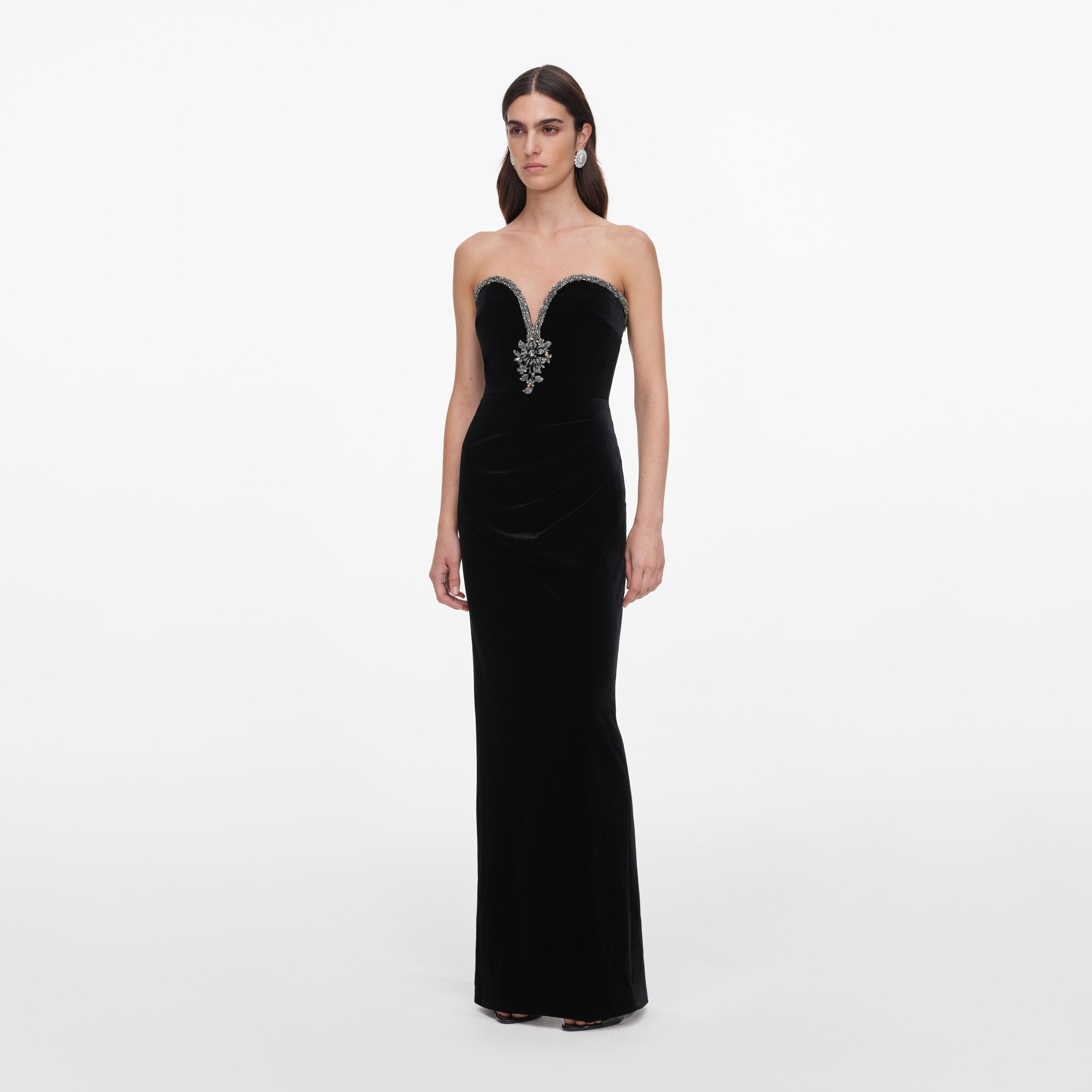 Self Portrait Black Velvet Maxi Kleid Samt Strass Schwarz