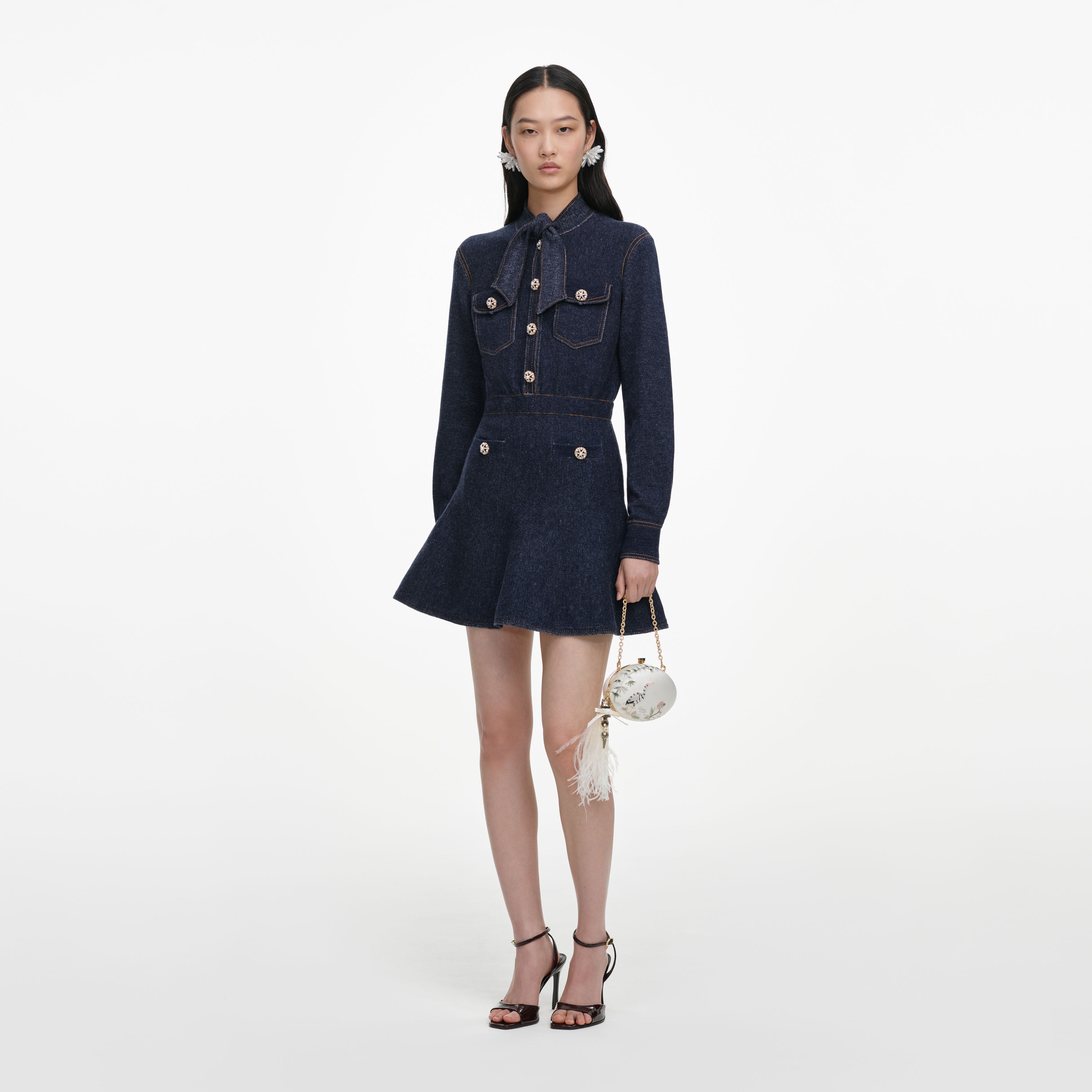 Self Portrait Navy Textured Knit Minikleid Blau Strick