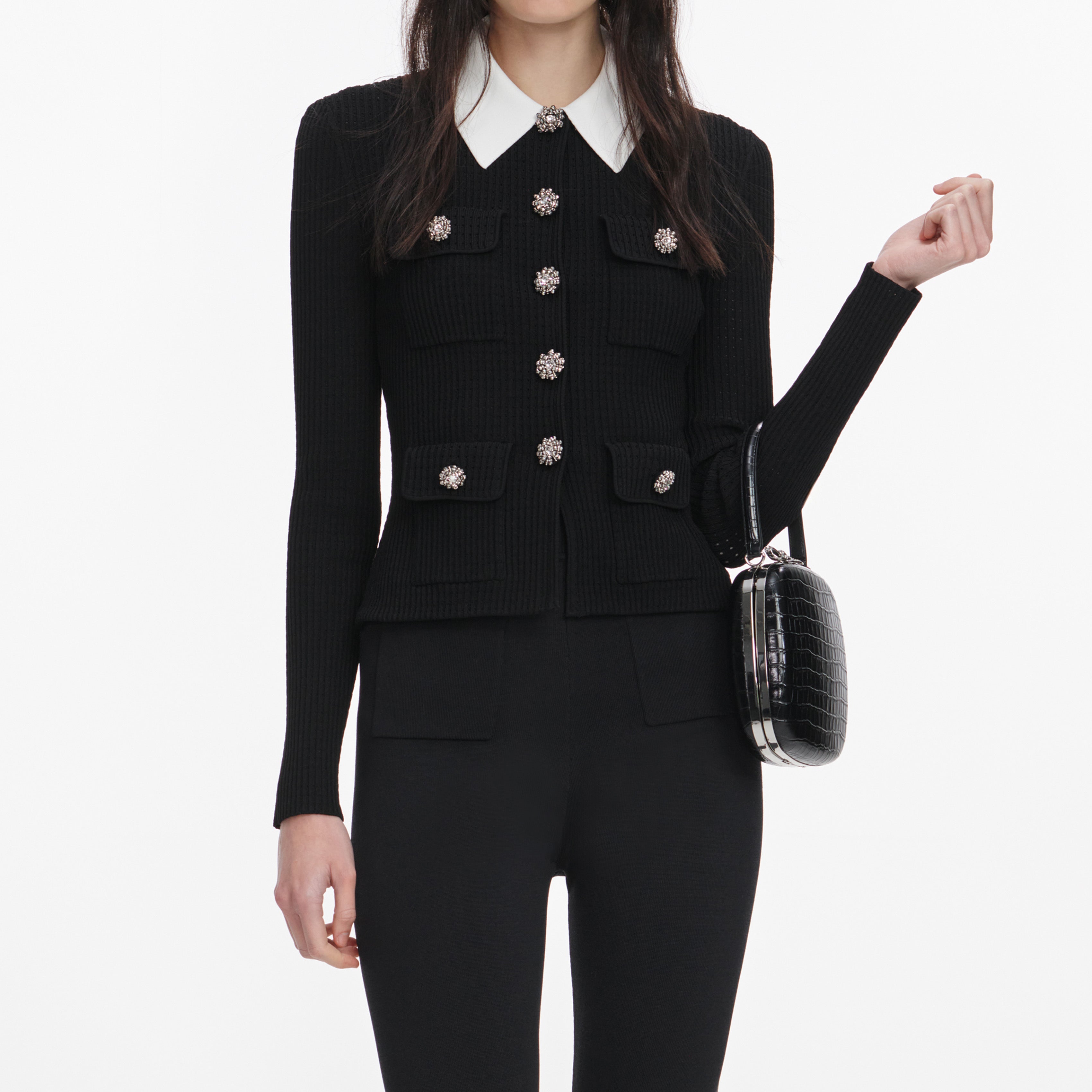 Self Portrait Black Tailored Knit Top Stricktop Schwarz S