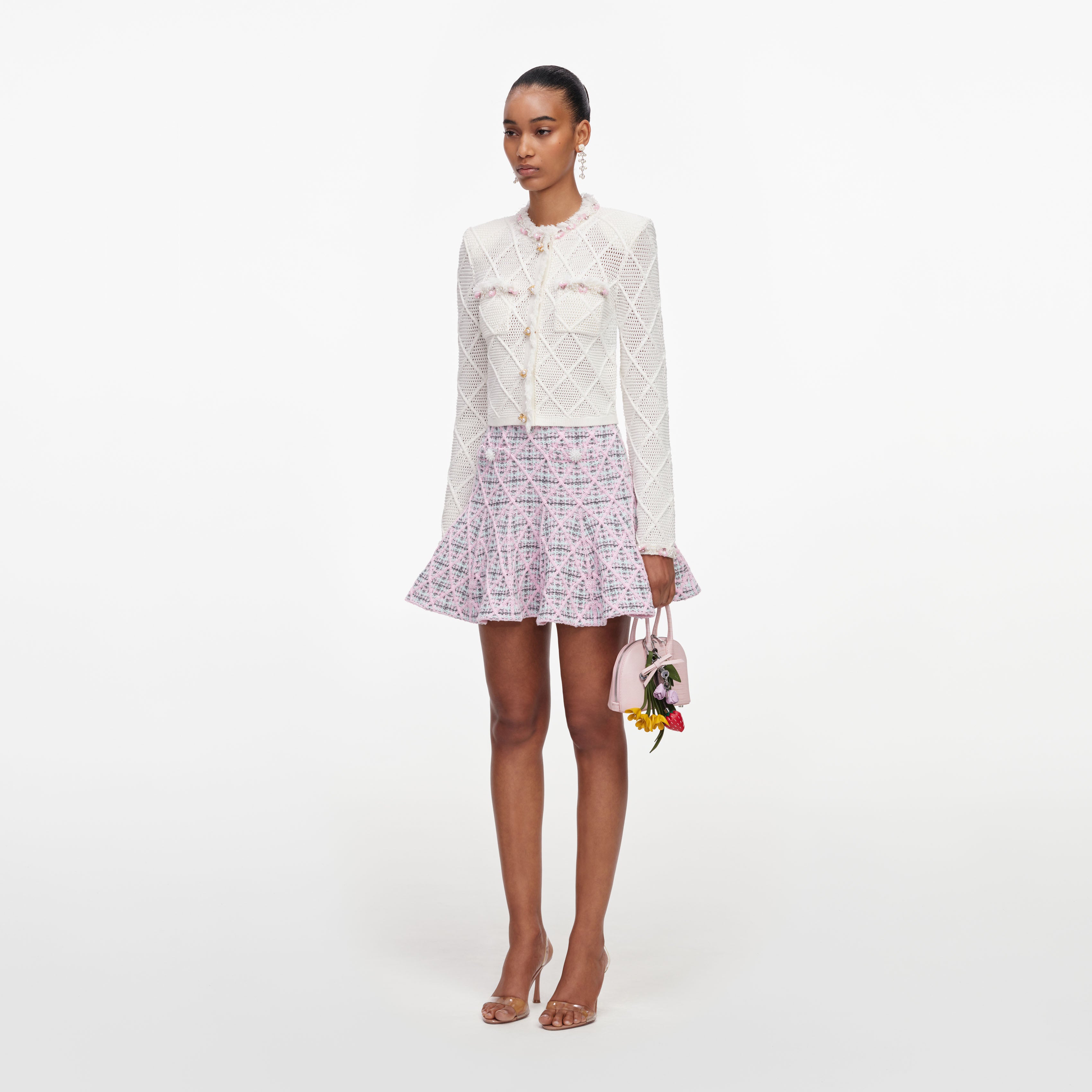 Self-Portrait Check Knit Minirock Rosa Karo Boucle
