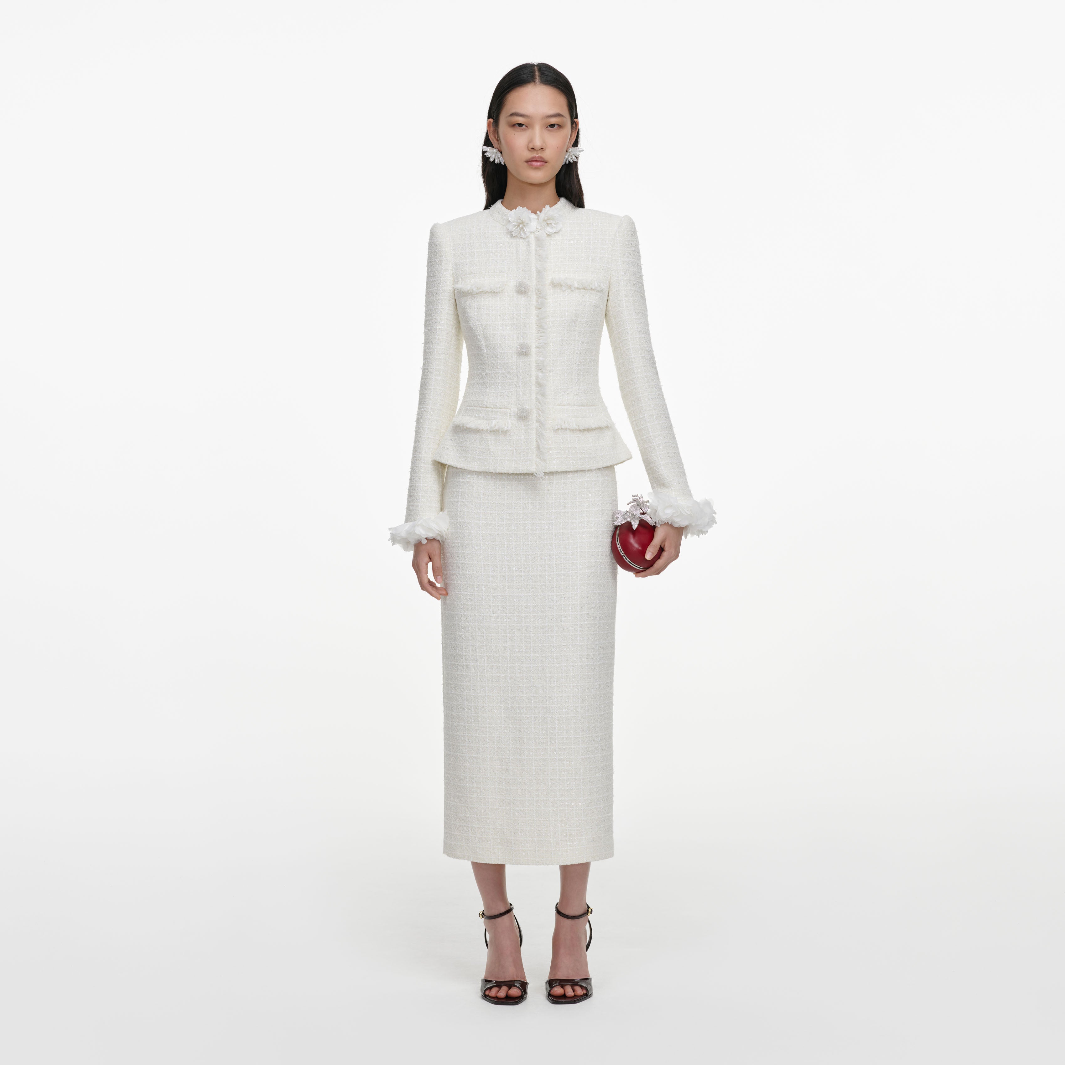 Self Portrait Cream Boucle Flower Midi Kleid Creme