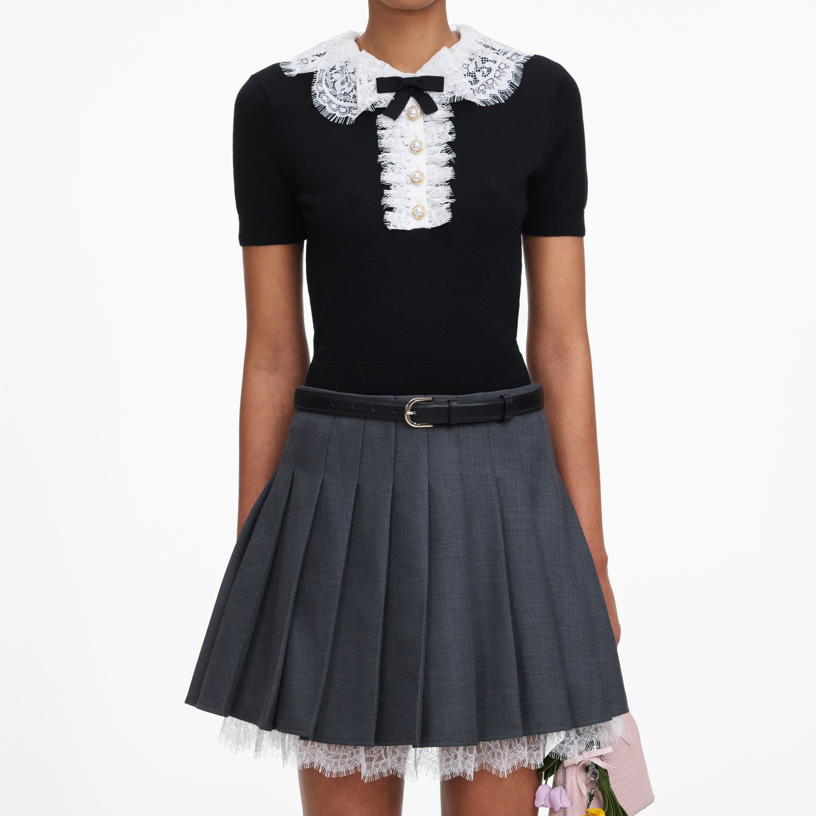 Self Portrait Black Knit Lace Collar Top Schwarz Spitze
