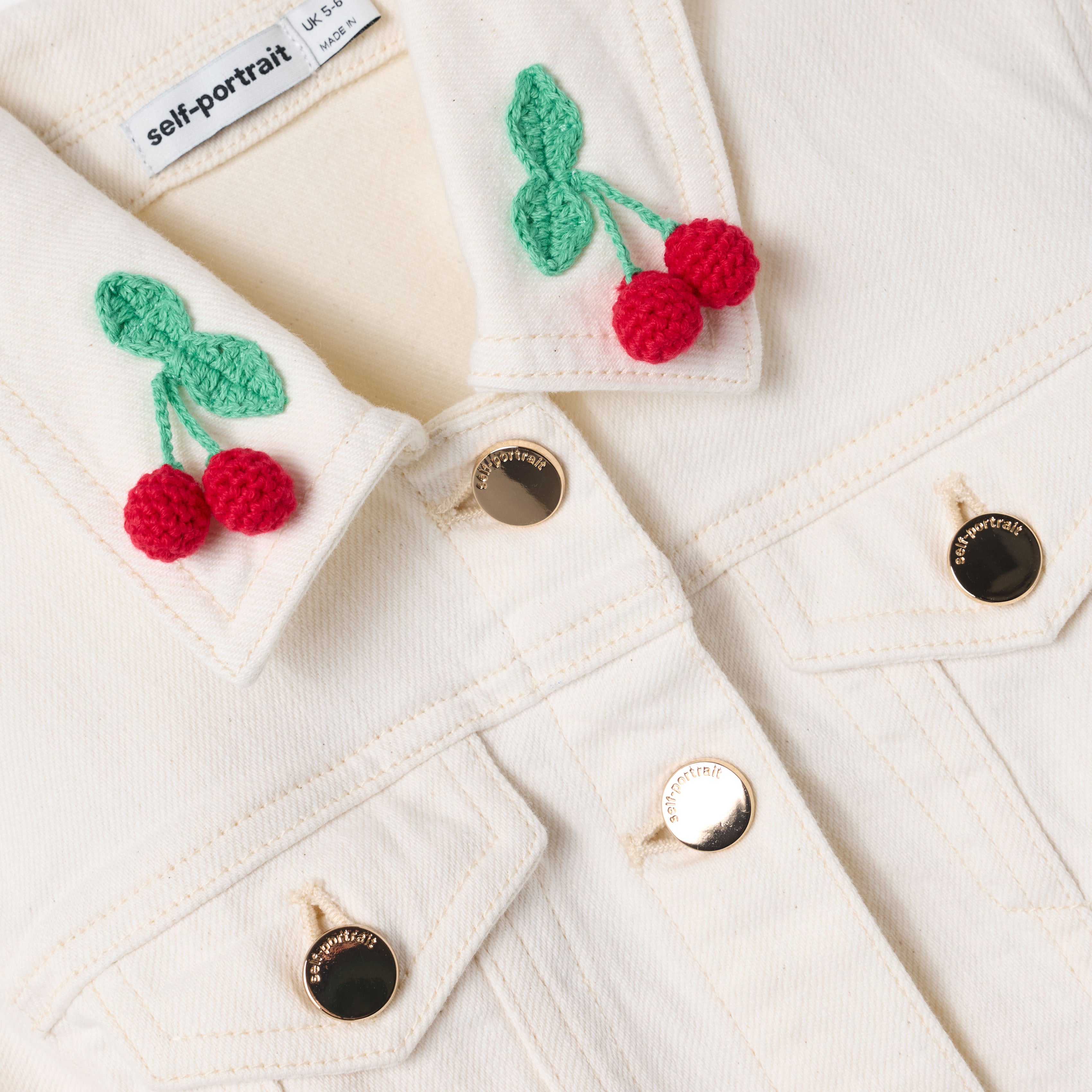 Self Portrait Cream Denim Cherry Motif Jacket Creme
