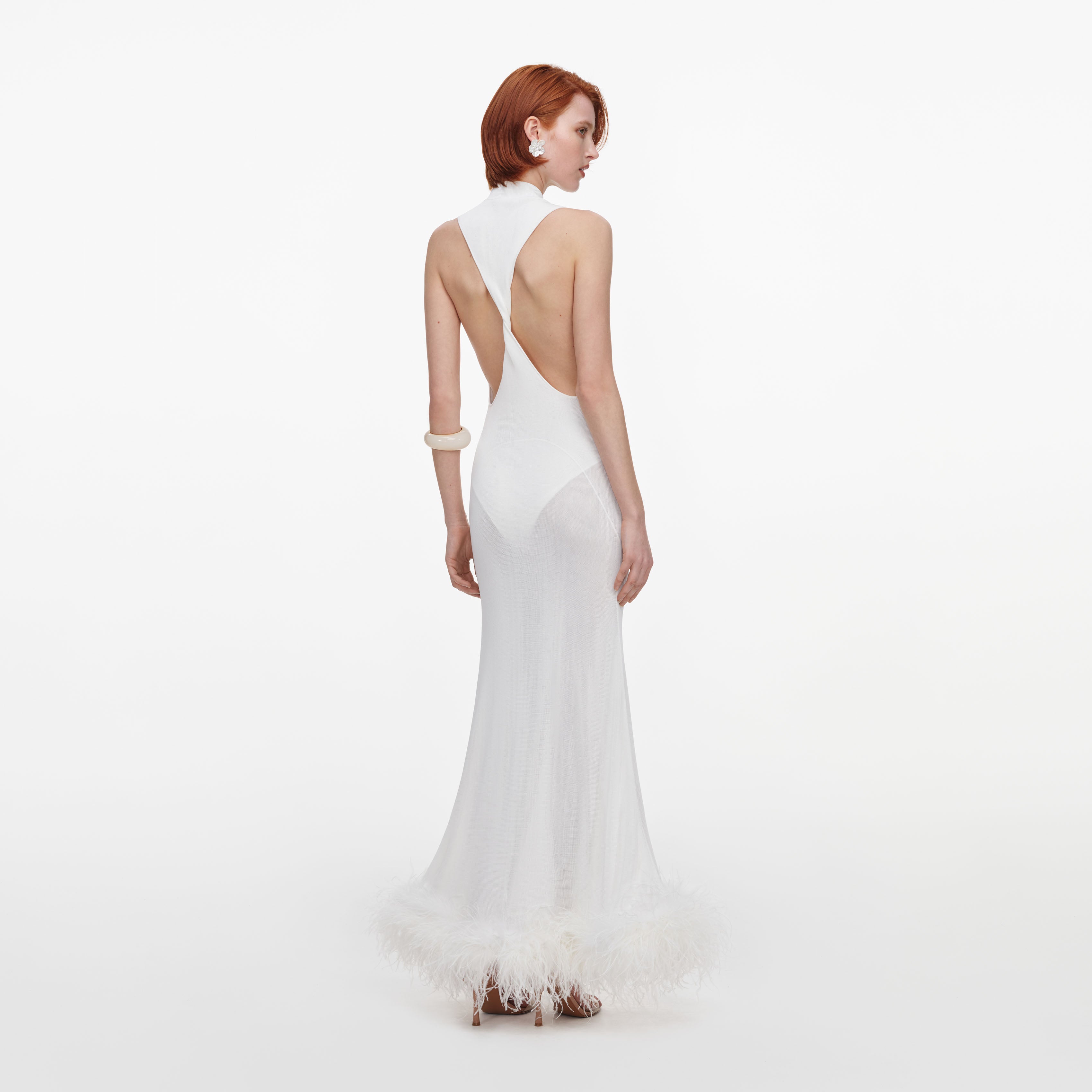 Self Portrait White Racer Feather Knit Midi Kleid Weiß
