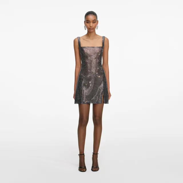 Self Portrait Rhinestone Mesh Mini Kleid Gunmetal Strass
