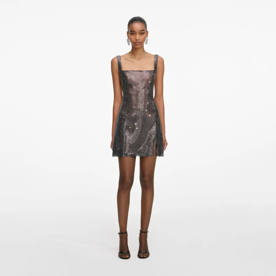 Self Portrait Rhinestone Mesh Mini Kleid Gunmetal Strass