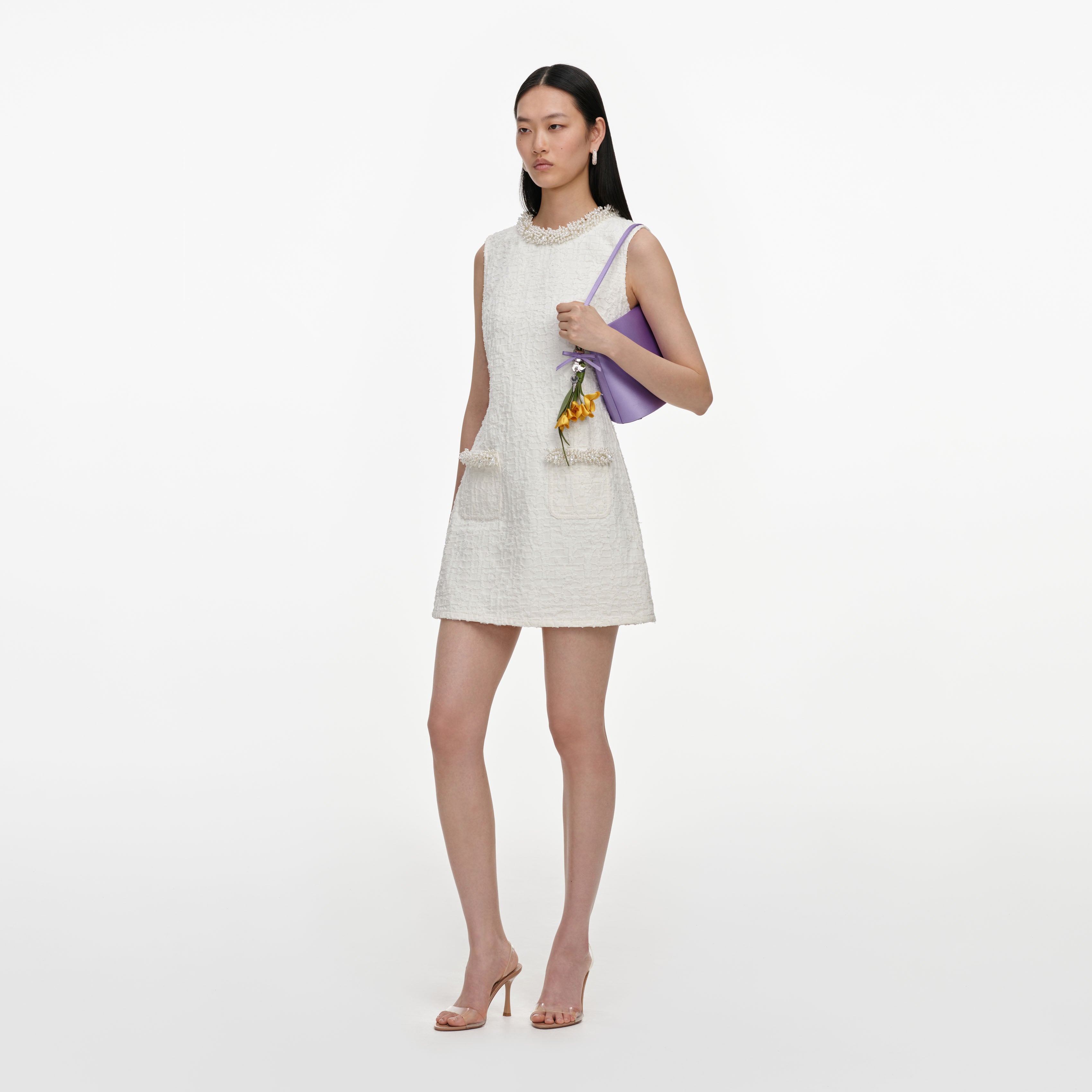 Self-Portrait Denim Cream Textured Minikleid creme Perlen